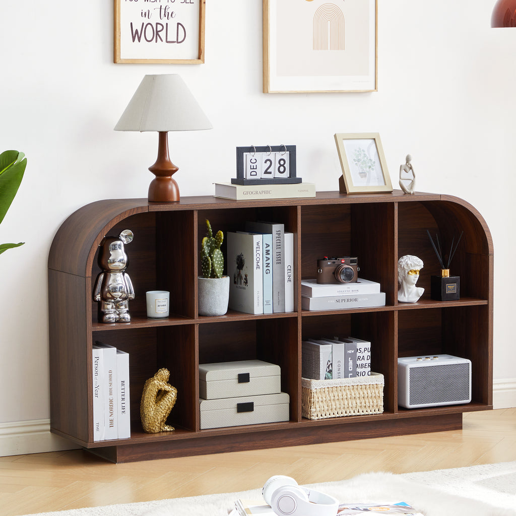 Weselon 55" Long Curved Horizontal Bookcase with 8-Cube Storage, Mid-Century Modern Low Bookshelf Storage Cabinet for Living Room, Entryway