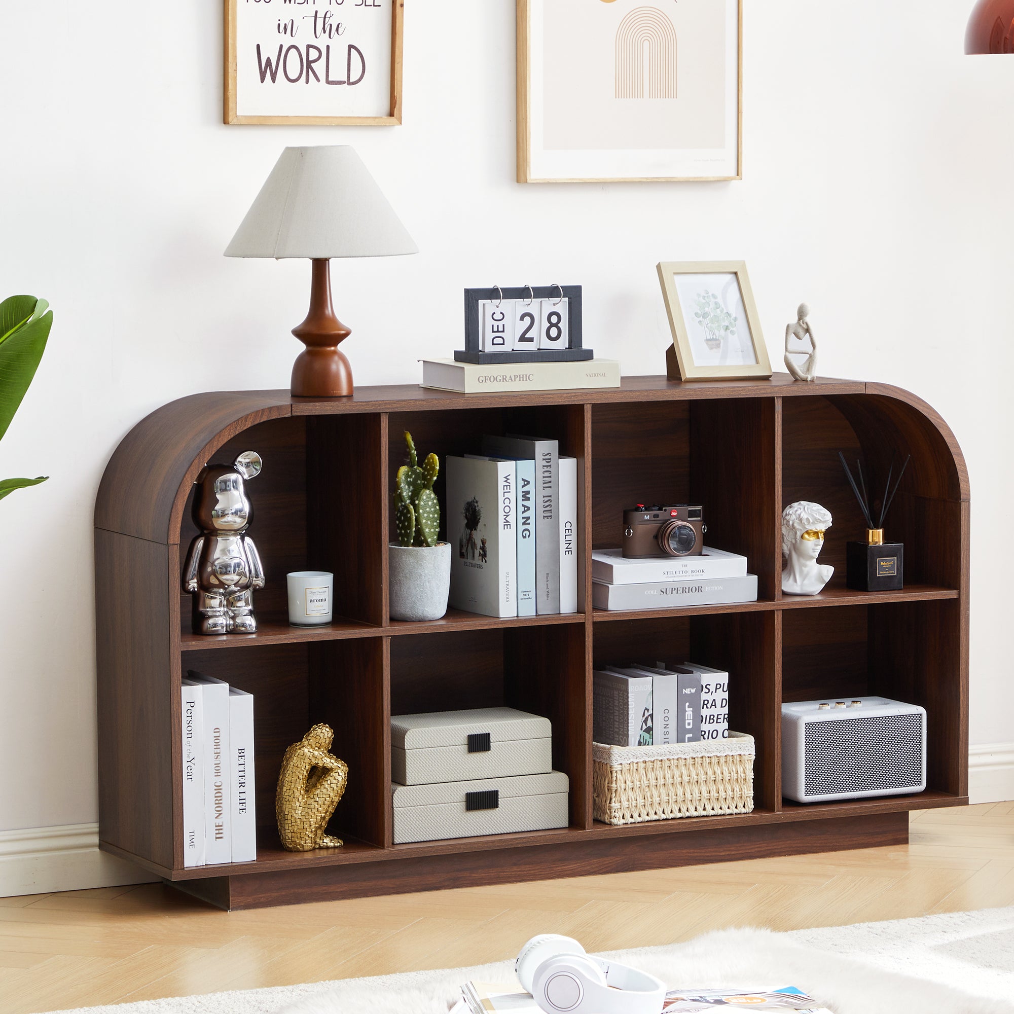 Weselon 55" Long Curved Horizontal Bookcase with 8-Cube Storage, Mid-Century Modern Low Bookshelf Storage Cabinet for Living Room, Entryway