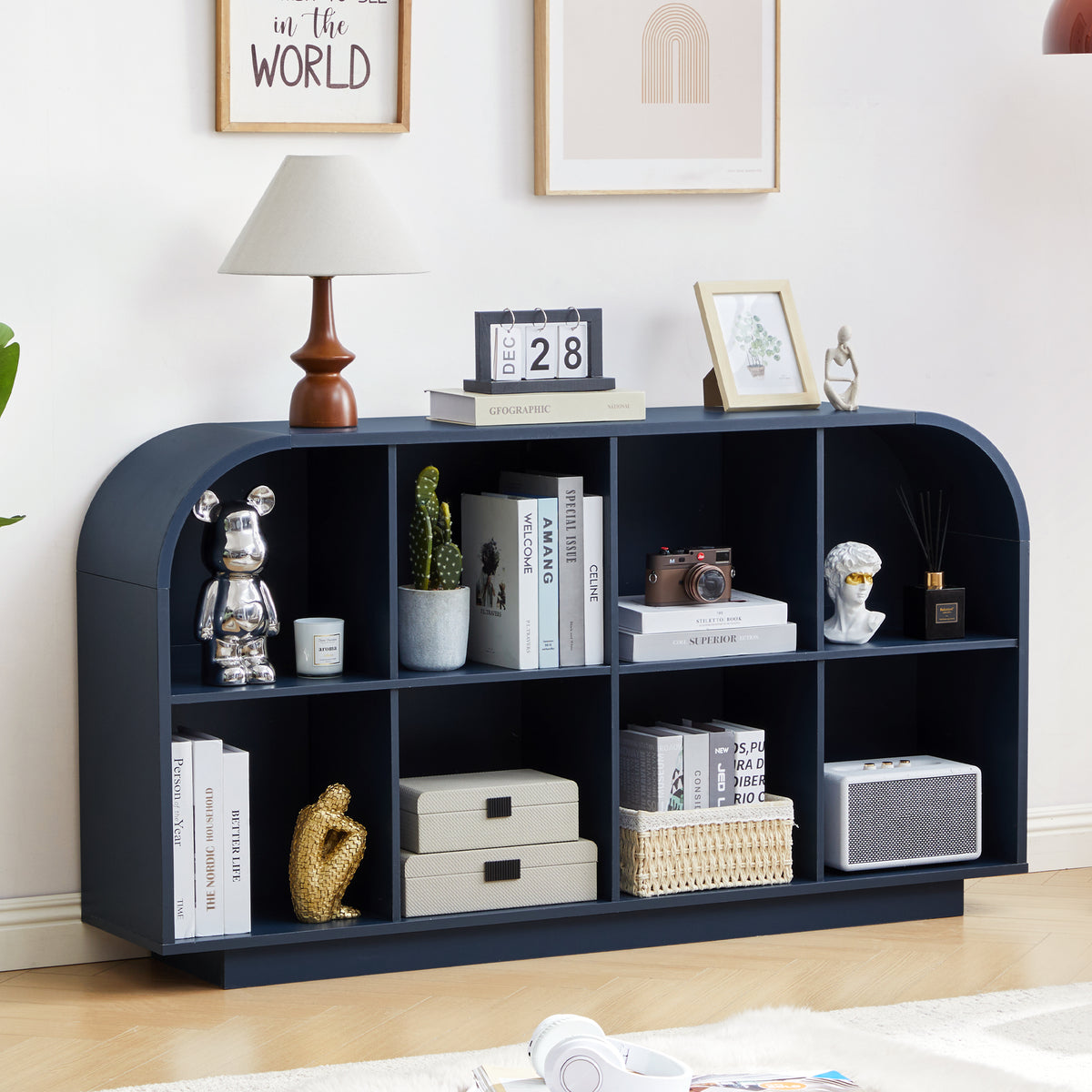 Weselon 55" Long Curved Horizontal Bookcase with 8-Cube Storage, Mid-Century Modern Low Bookshelf Storage Cabinet for Living Room, Entryway