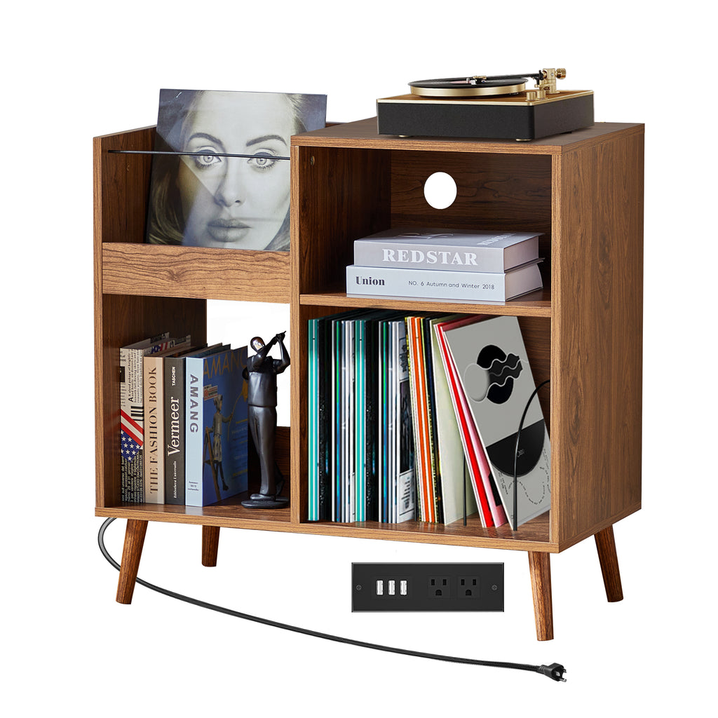 Weselon Record Storage Cabinet with Power Outlet,Record Player Stand,Record Player Table Holds up to 250 Albums,Turntable Stand Display Shelf with Wood Legs for Living Room Bedroom,Walnut Brown