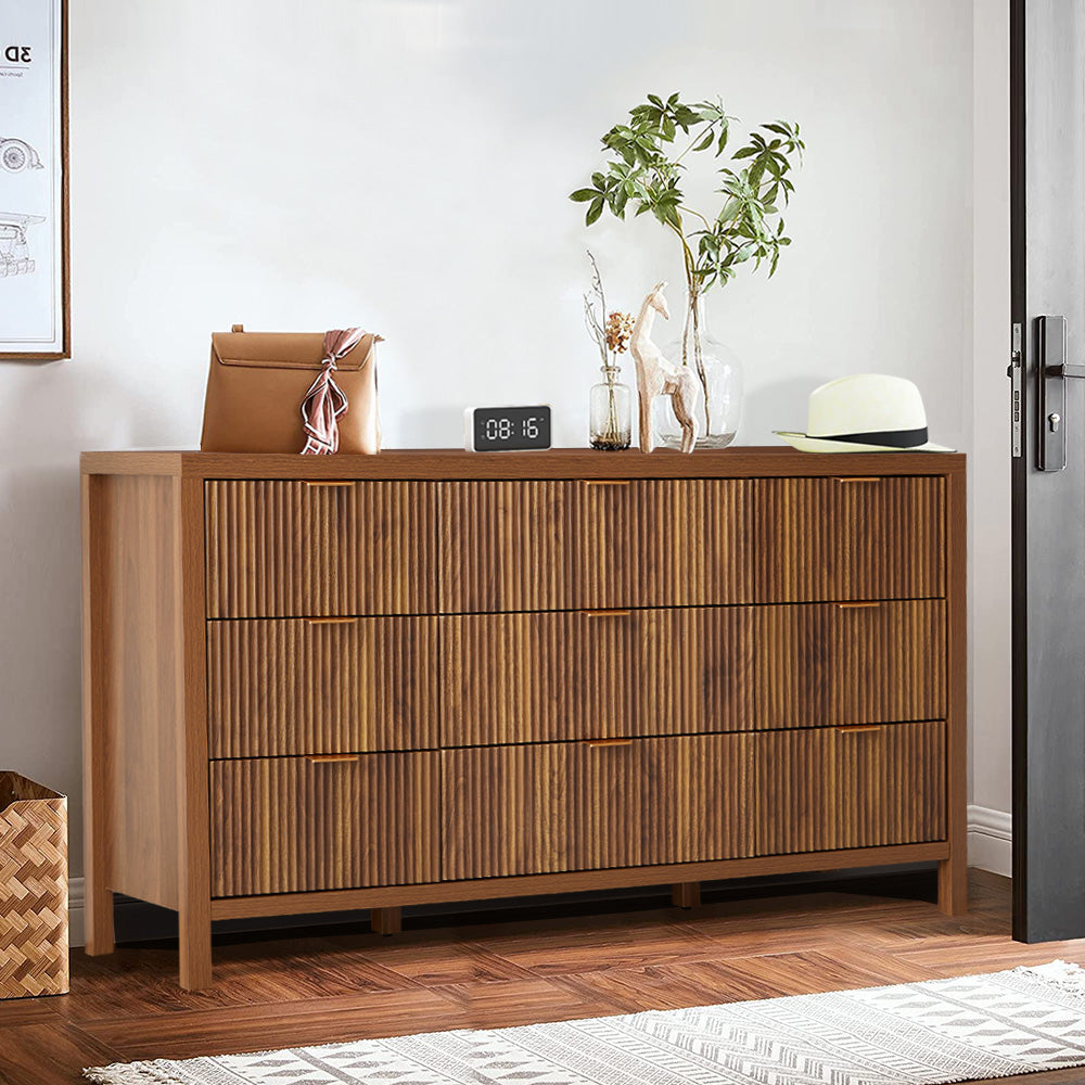 Weselon 9 Drawer Fluted Dresser for Bedroom, Mid Century Chest of Drawers with Arc Edge, Wood Storage Large Dresser Organizer for Bedroom Living Room Hallway Closet