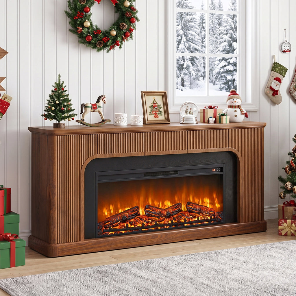Weselon 70" Modern Fluted Electric Fireplace Mantel, Ultra-Slim Fireplace TV Stand with 3 Drawers and Charging Station for Wall Mounted TV