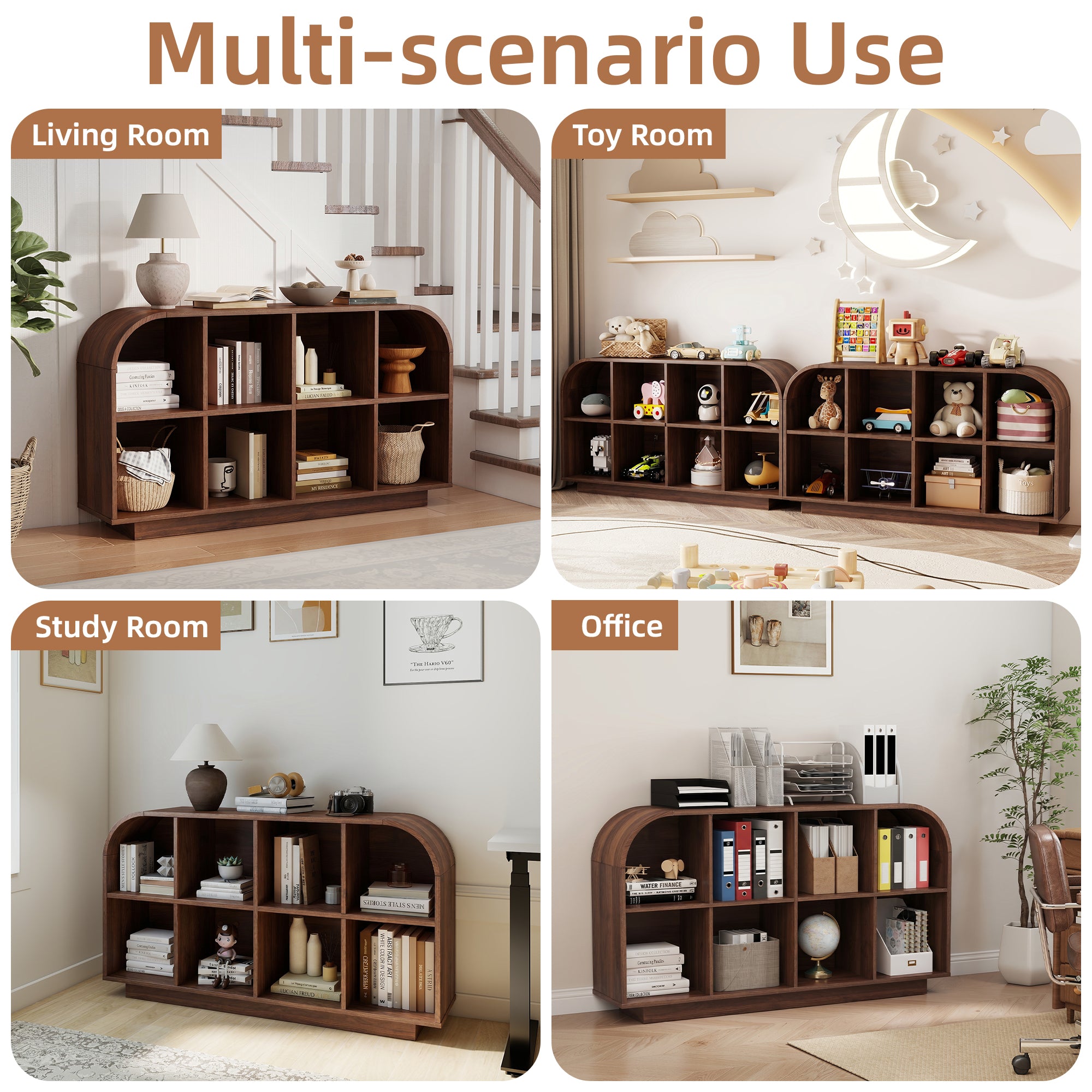 Weselon 55" Long Curved Horizontal Bookcase with 8-Cube Storage, Mid-Century Modern Low Bookshelf Storage Cabinet for Living Room, Entryway