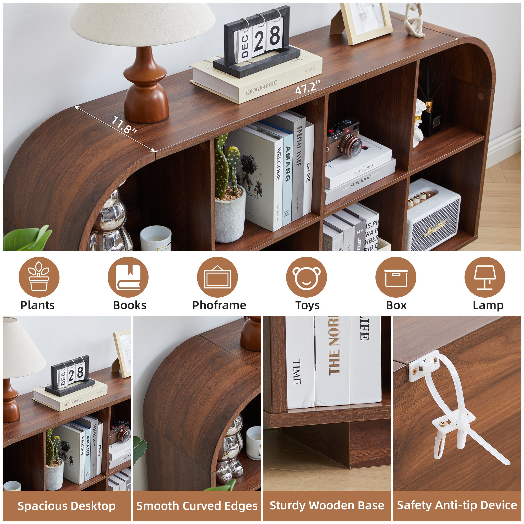 Weselon 55" Long Curved Horizontal Bookcase with 8-Cube Storage, Mid-Century Modern Low Bookshelf Storage Cabinet for Living Room, Entryway