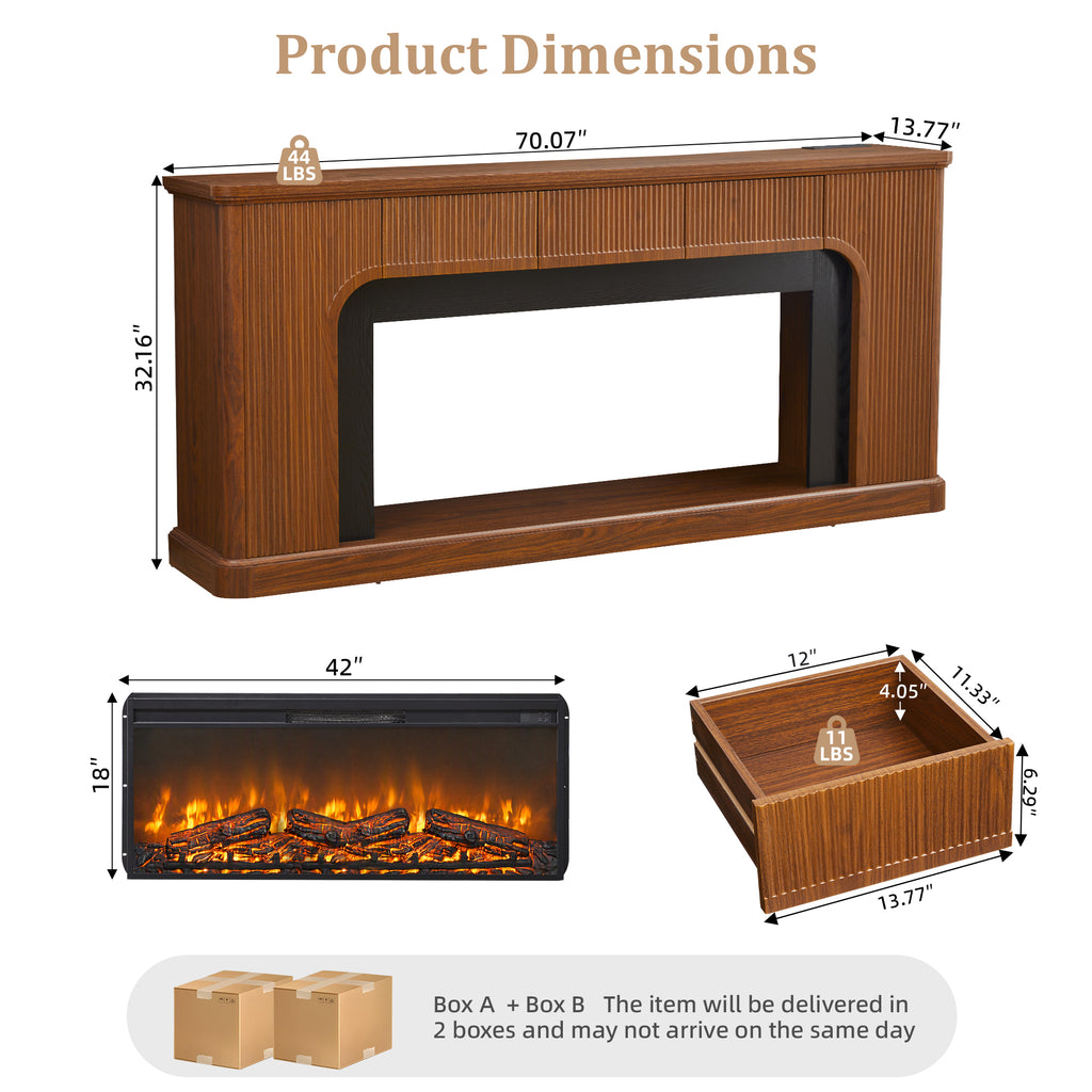Weselon 70" Modern Fluted Electric Fireplace Mantel, Ultra-Slim Fireplace TV Stand with 3 Drawers and Charging Station for Wall Mounted TV