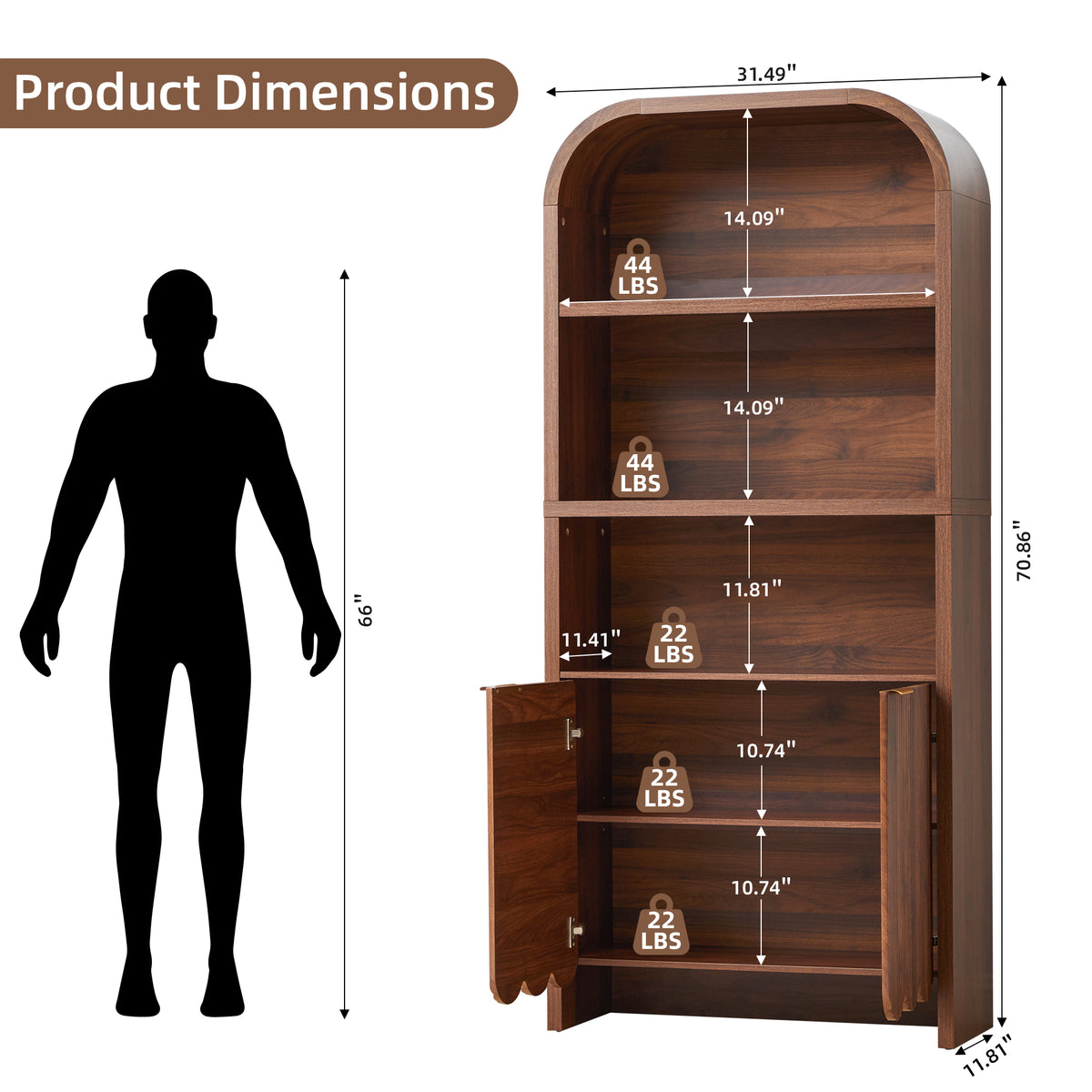 Weselon 70.86" Tall Arched Bookshelf with Fluted Doors, Modern Wooden Bookcase Cabinet, 5-Tier Walnut Display Shelf for Living Room Home Office