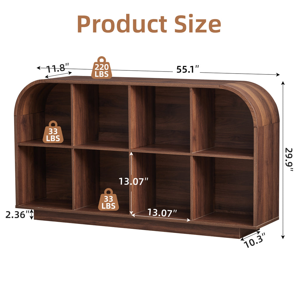 Weselon 55" Long Curved Horizontal Bookcase with 8-Cube Storage, Mid-Century Modern Low Bookshelf Storage Cabinet for Living Room, Entryway