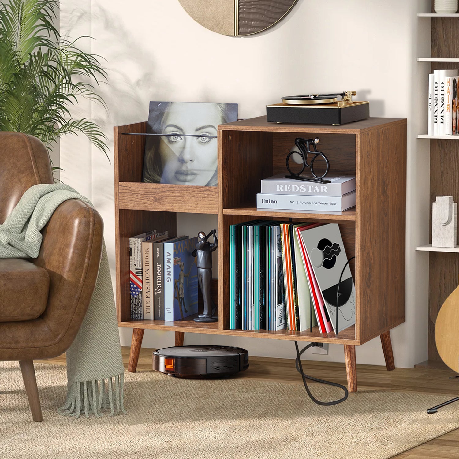 Weselon Record Storage Cabinet with Power Outlet,Record Player Stand,Record Player Table Holds up to 250 Albums,Turntable Stand Display Shelf with Wood Legs for Living Room Bedroom,Walnut Brown
