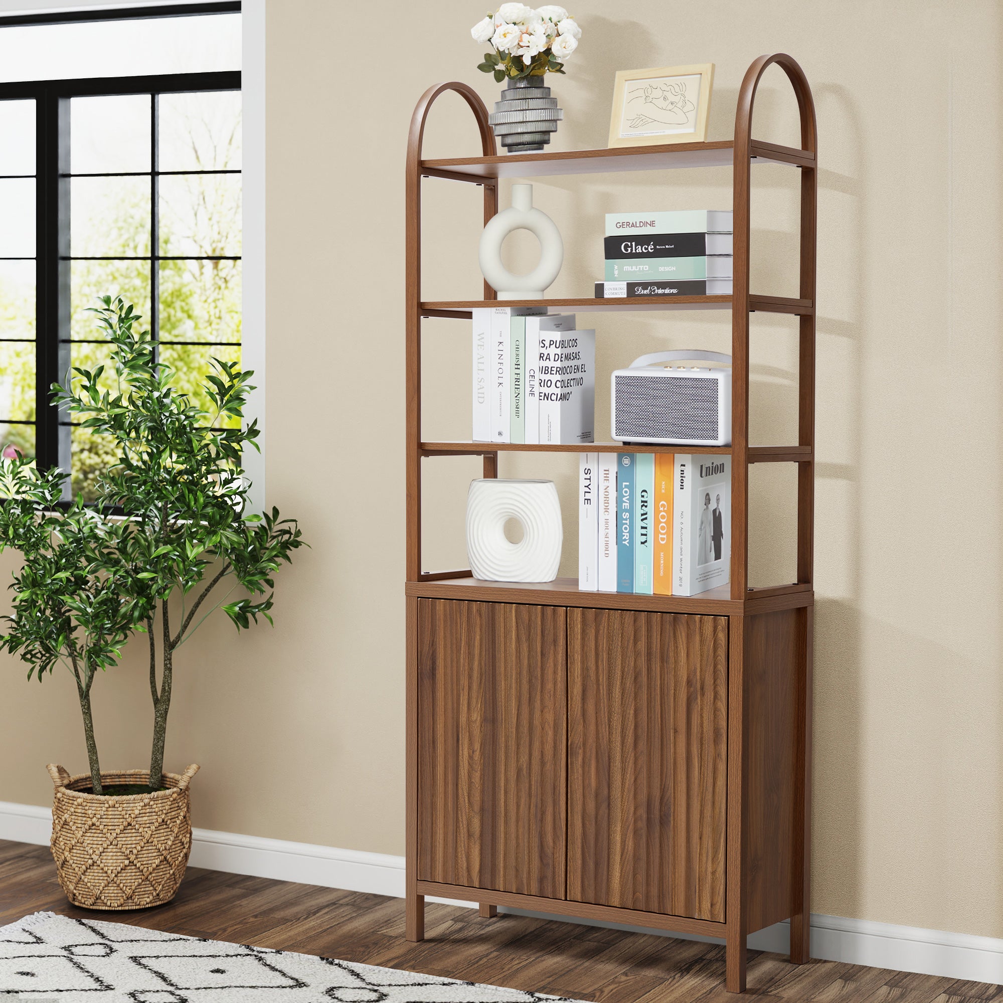 Weselon Tall Arched Bookshelf with 5-Tier Open Display Shelf , Mid Century Modern Fluted Bookshelf , Farmhouse Large Bookcase for Bedroom/Living Room(Oak)
