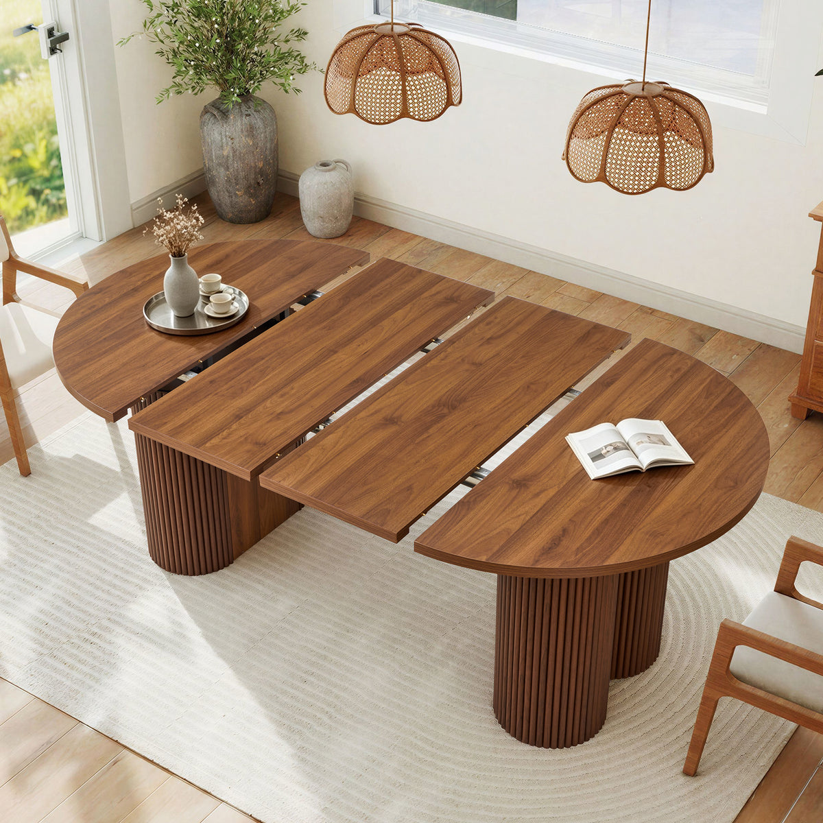 Weselon 43"-75" Extendable Dining Table for 2-8, Modern Oval Kitchen Table with Pedestal Base Legs, Walnut Round to Oval Wooden Dining Room Table