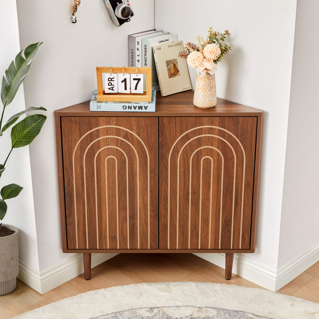 Weselon 30" Arched Relief Corner Cabinet, Mid-Century Modern Bathroom Storage Organizer with Tapered Solid Wood Legs, Walnut Entryway Accent Cabinet