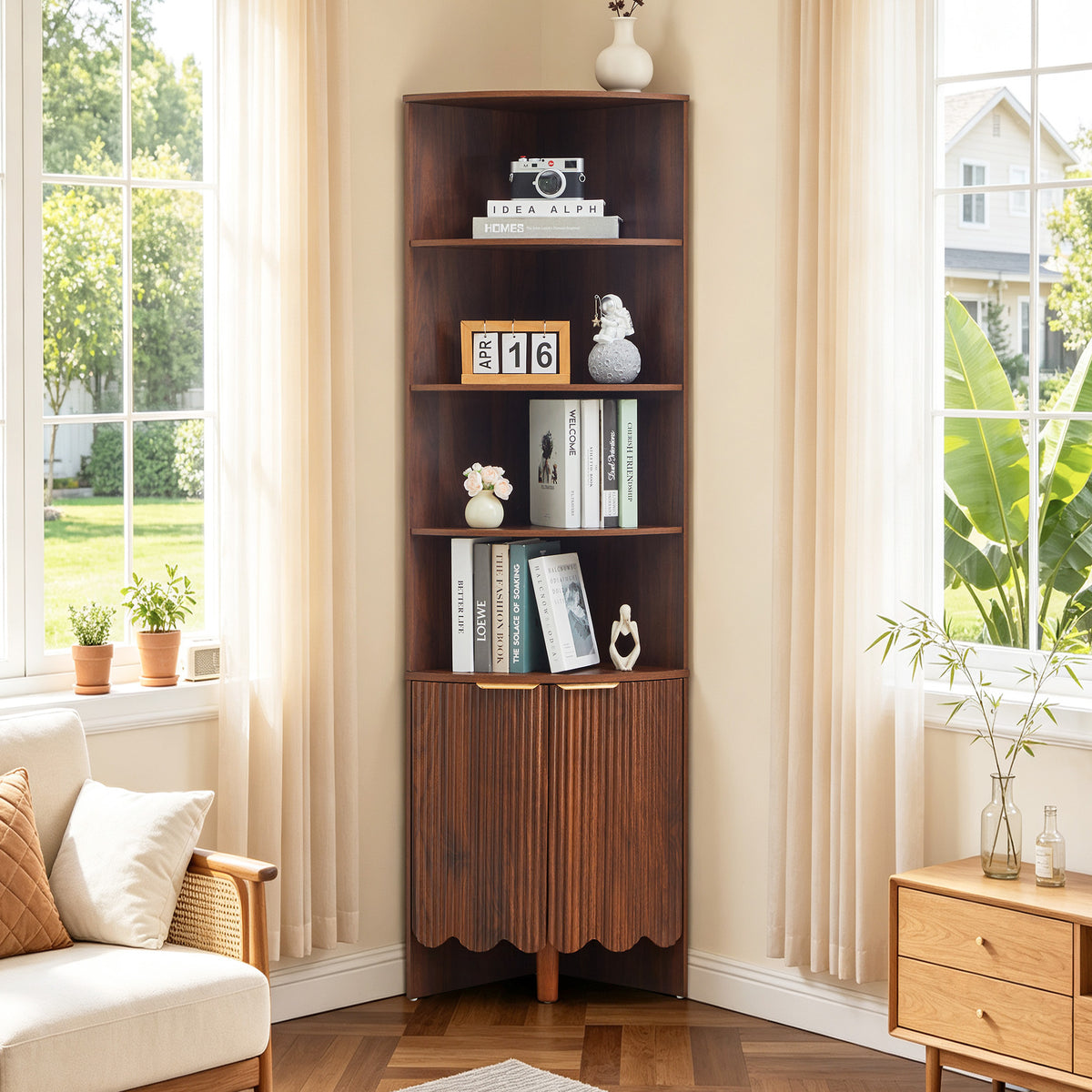 Weselon 67" Tall Corner Cabinet with Fluted Doors, 5-Tier Mid-Century Modern Corner Accent Cabinet for Living Room, Kitchen and Bathroom