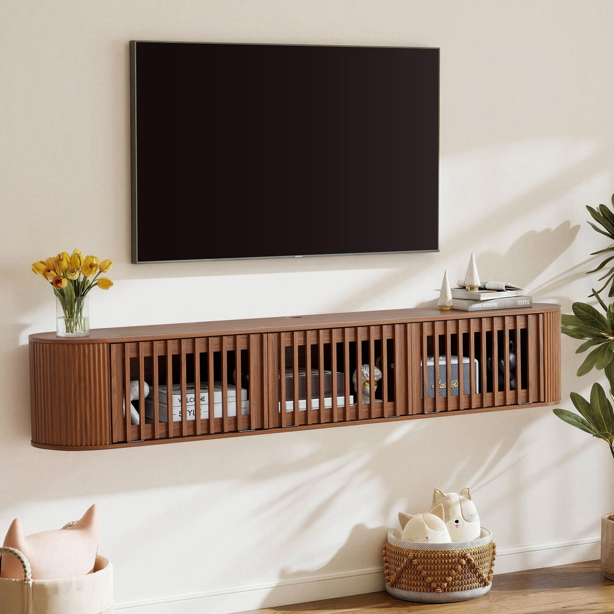 Weselon 70" Curved Edge TV Stand for TVs up to 75", Mid-Century Modern Entertainment Center with Sliding Doors, Walnut Media Console Storage Cabinet