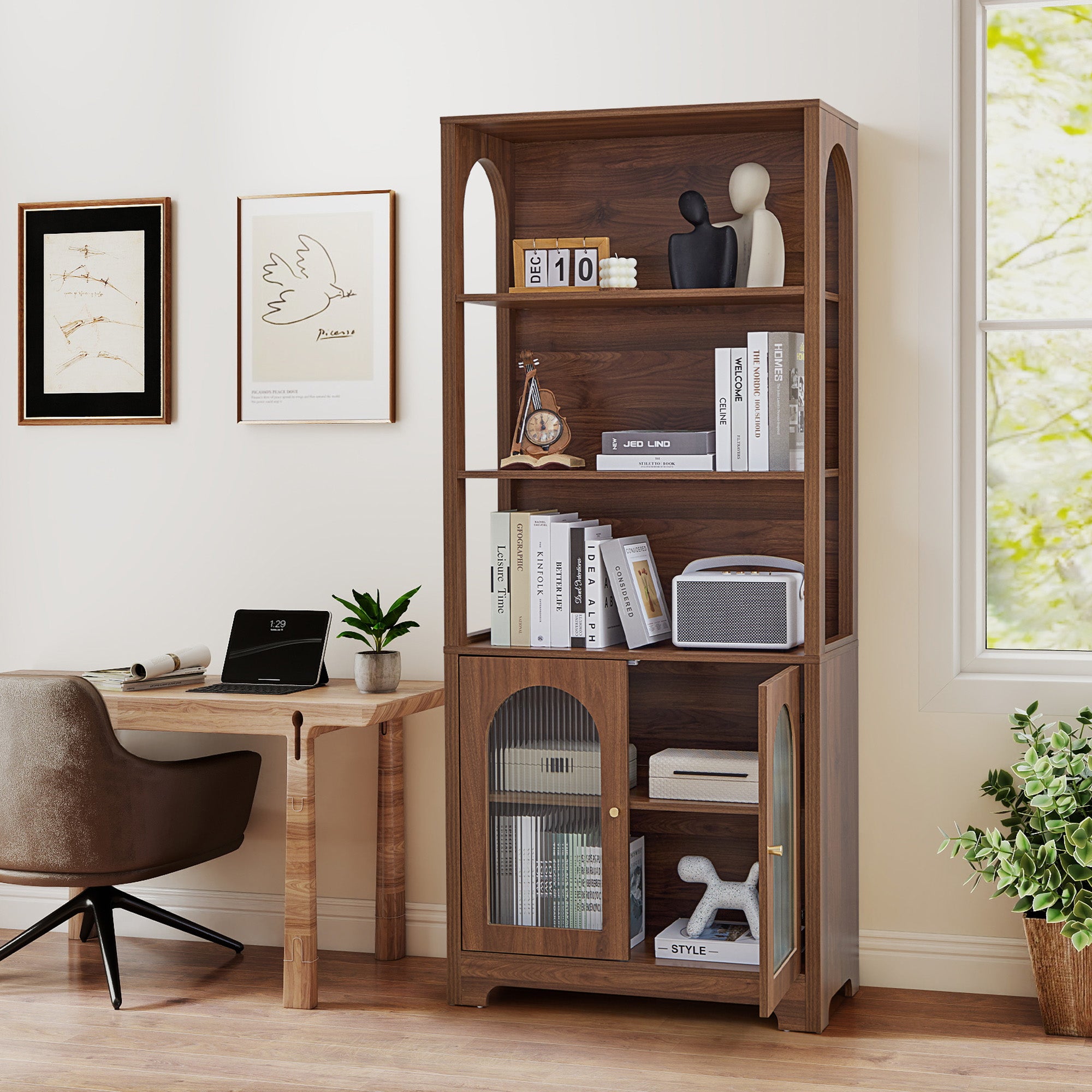 Weselon Tall Arched Bookshelf with 5-Tier Open Display Shelf , Mid Century Modern Fluted Bookshelf , Farmhouse Large Bookcase for Bedroom/Living Room(Oak)