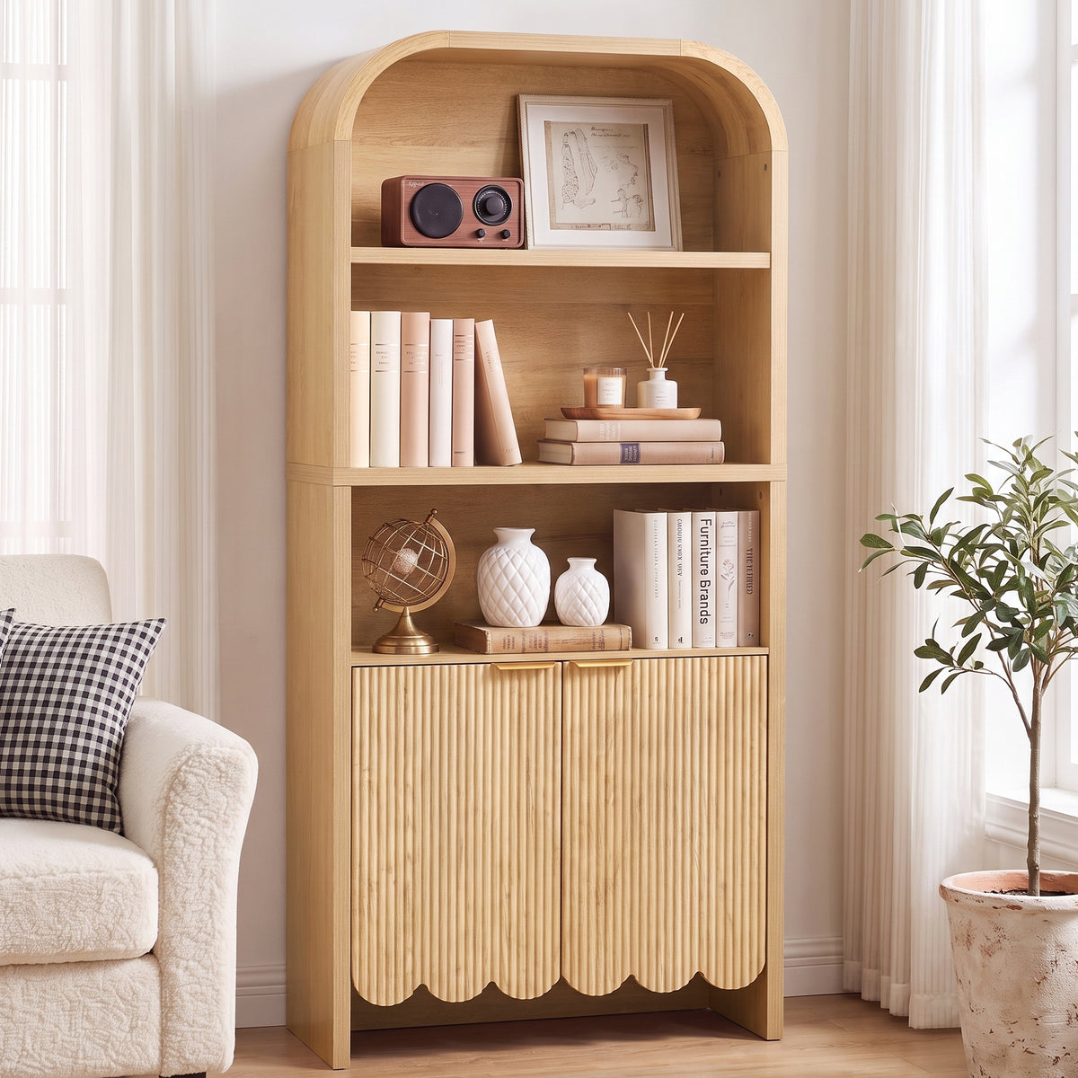 Weselon 70.86" Tall Arched Bookshelf with Fluted Doors, Modern Wooden Bookcase Cabinet, 5-Tier Walnut Display Shelf for Living Room Home Office