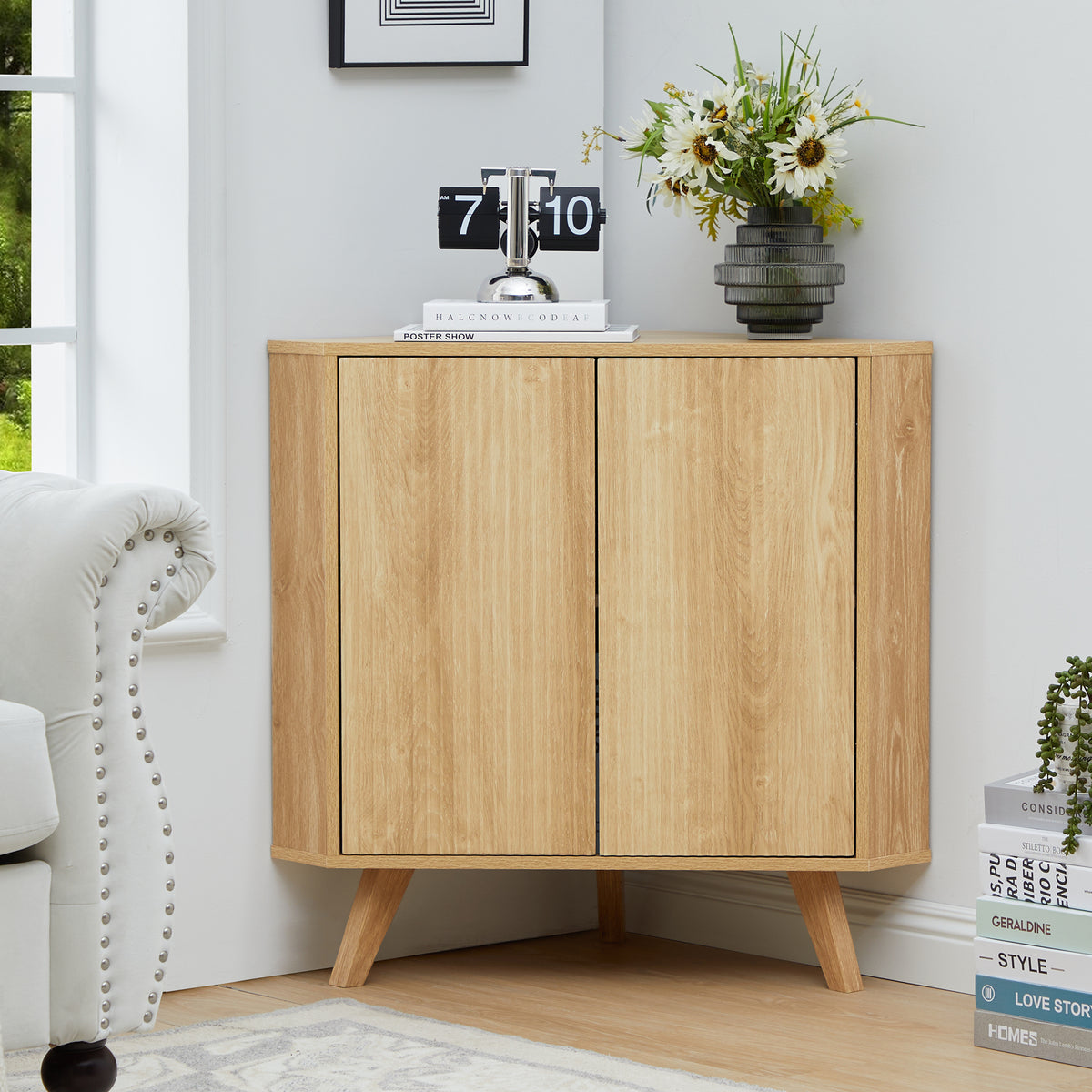 Weselon 30" Arched Relief Corner Cabinet, Mid-Century Modern Bathroom Storage Organizer with Tapered Solid Wood Legs, Walnut Entryway Accent Cabinet