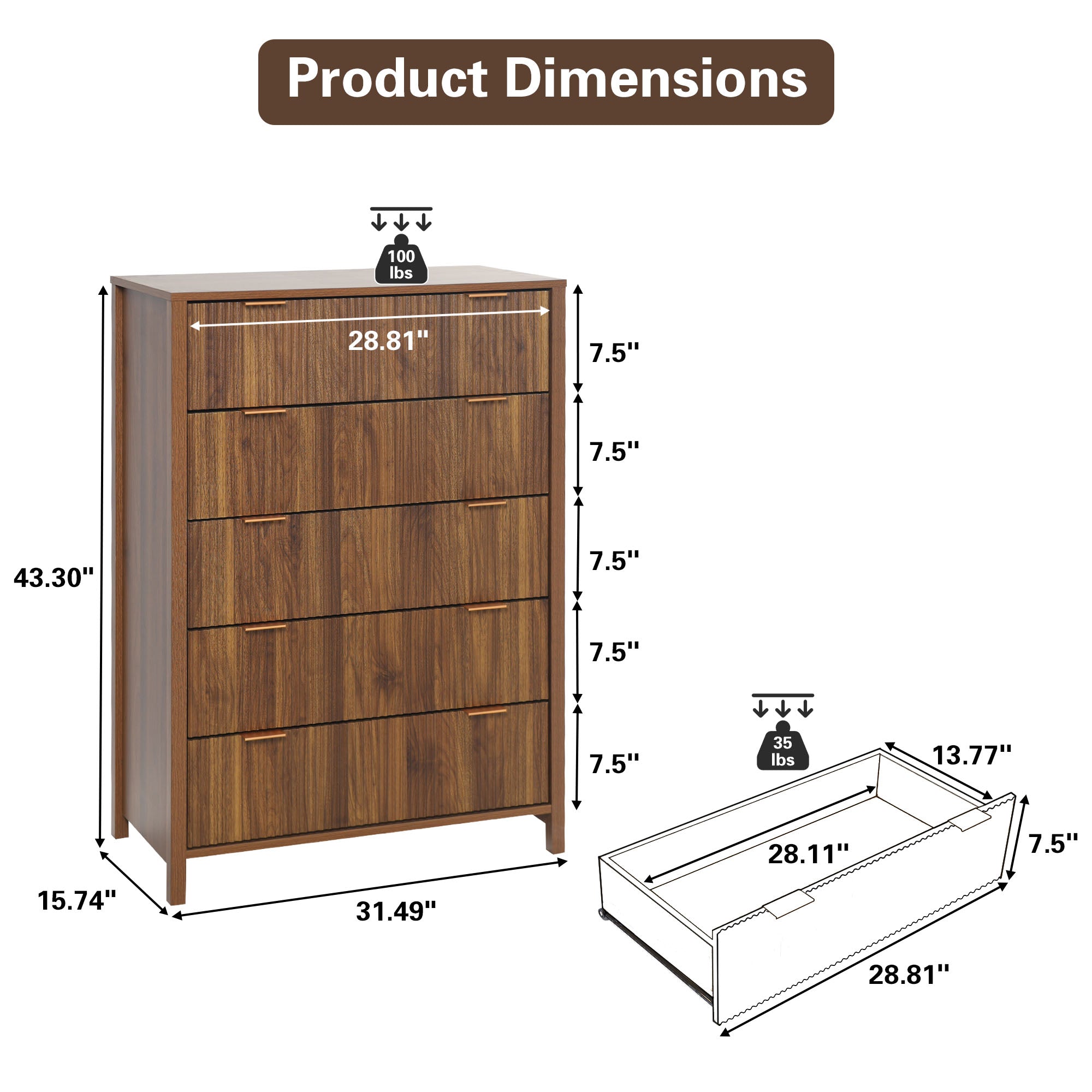 Weselon 5 Drawer Fluted Dresser for Bedroom, Modern Closet Chest of Drawers with Waveform Panel, Wood Storage Dresser Organizer, Walnut