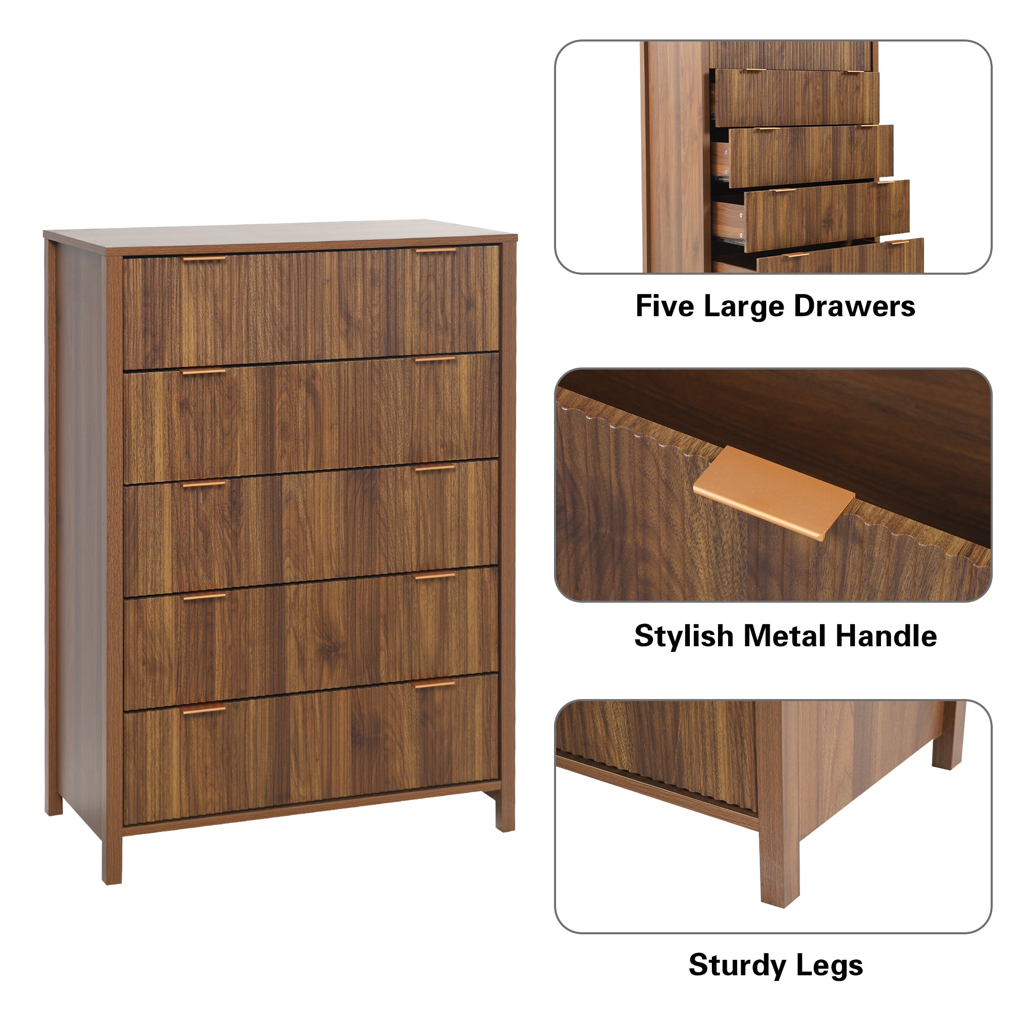 Weselon 5 Drawer Fluted Dresser for Bedroom, Modern Closet Chest of Drawers with Waveform Panel, Wood Storage Dresser Organizer, Walnut