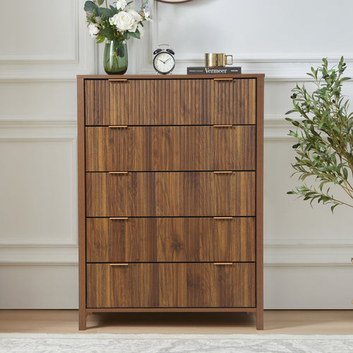 Weselon 5 Drawer Fluted Dresser for Bedroom, Modern Closet Chest of Drawers with Waveform Panel, Wood Storage Dresser Organizer, Walnut