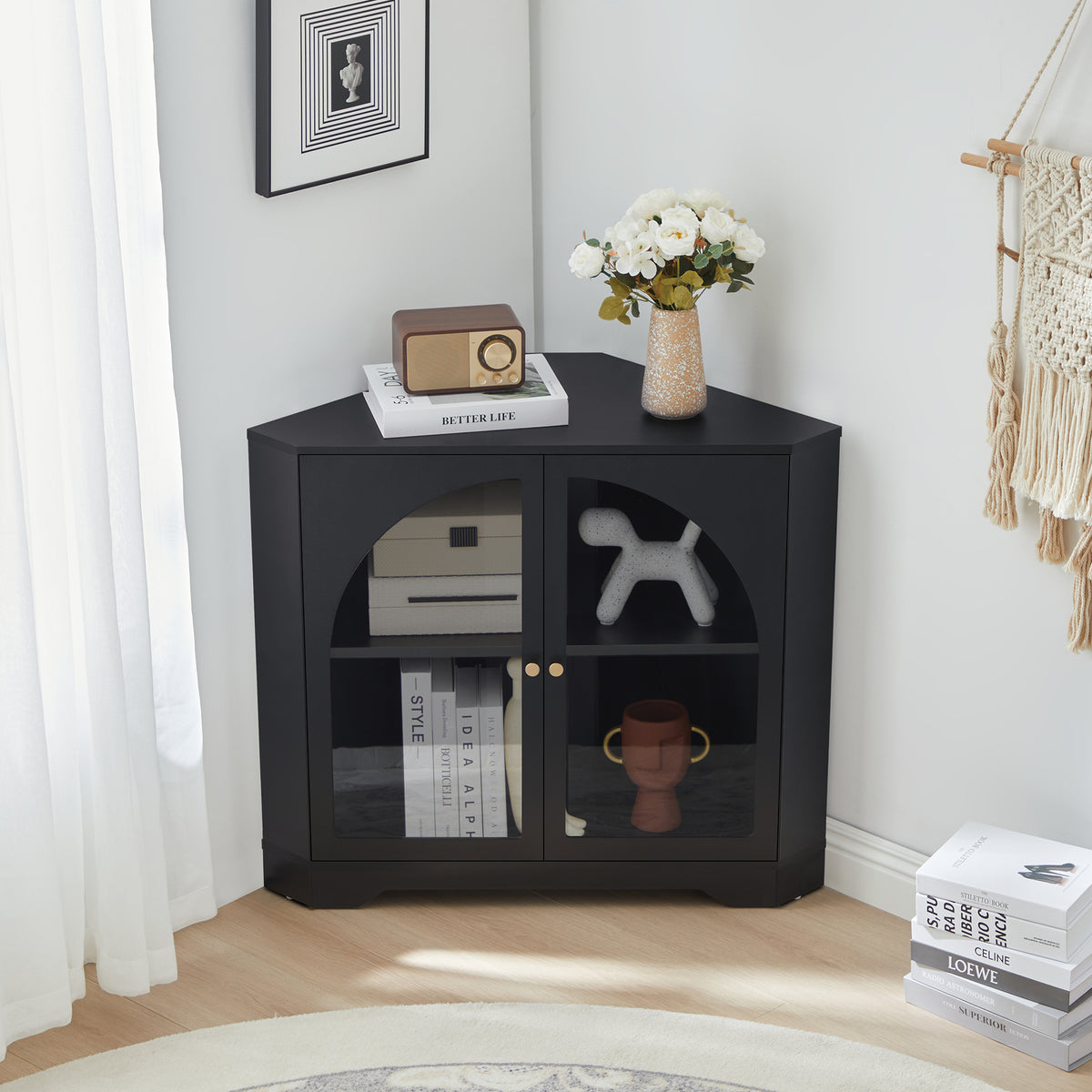 Weselon Mid Century Small Corner Storage Cabinet with 2 Acrylic Doors