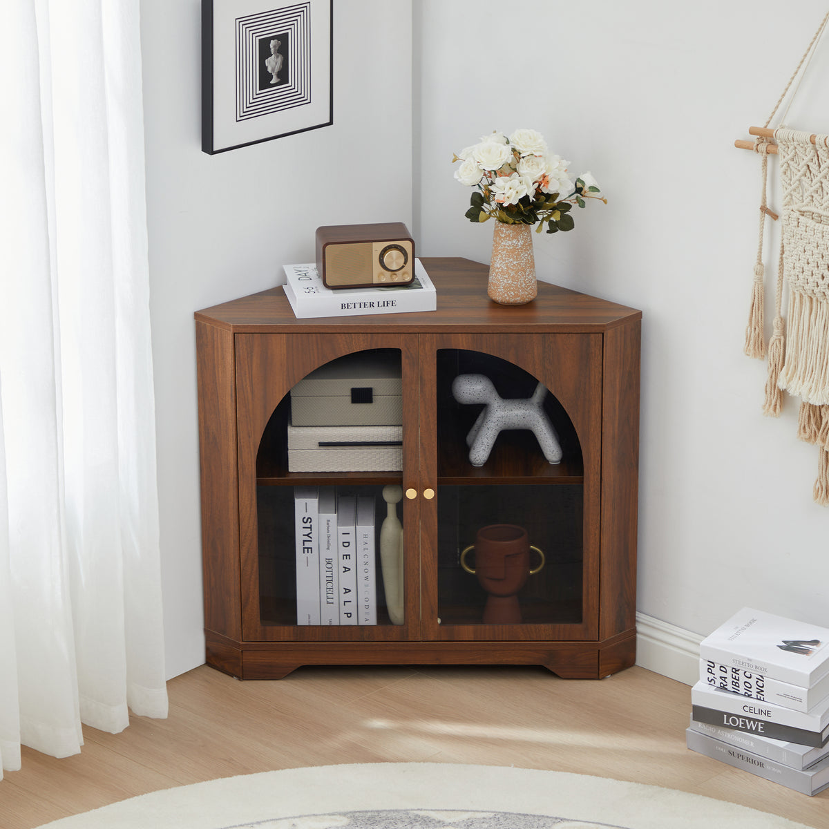 Weselon Mid Century Small Corner Storage Cabinet with 2 Acrylic Doors