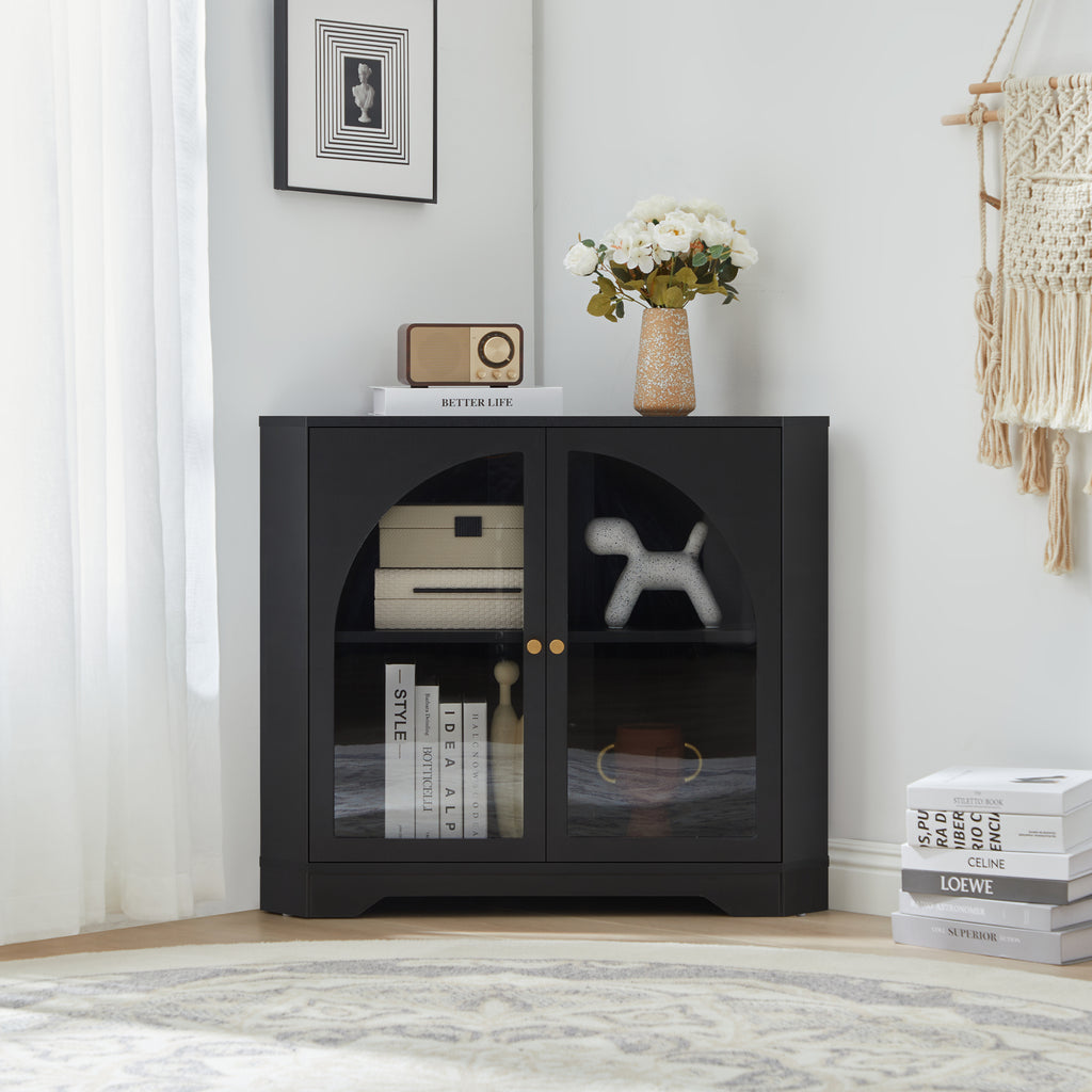 Weselon 30" Arched Relief Corner Cabinet, Mid-Century Modern Bathroom Storage Organizer with Tapered Solid Wood Legs, Walnut Entryway Accent Cabinet