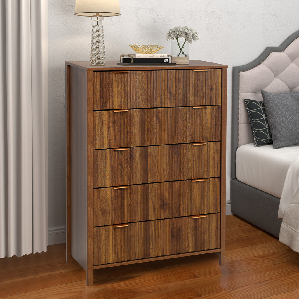Weselon 5 Drawer Fluted Dresser for Bedroom, Modern Closet Chest of Drawers with Waveform Panel, Wood Storage Dresser Organizer, Walnut