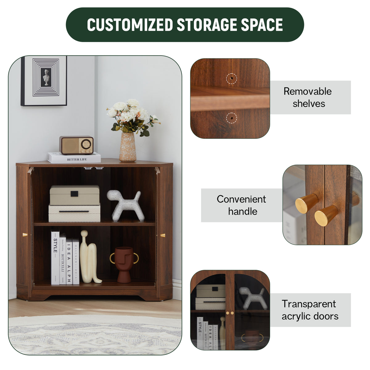 Weselon Mid Century Small Corner Storage Cabinet with 2 Acrylic Doors