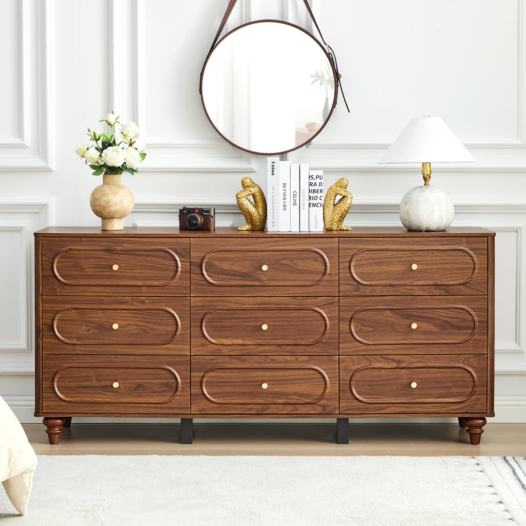 Weselon 9 Drawer Fluted Dresser for Bedroom, Mid Century Chest of Drawers with Arc Edge, Wood Storage Large Dresser Organizer for Bedroom Living Room Hallway Closet