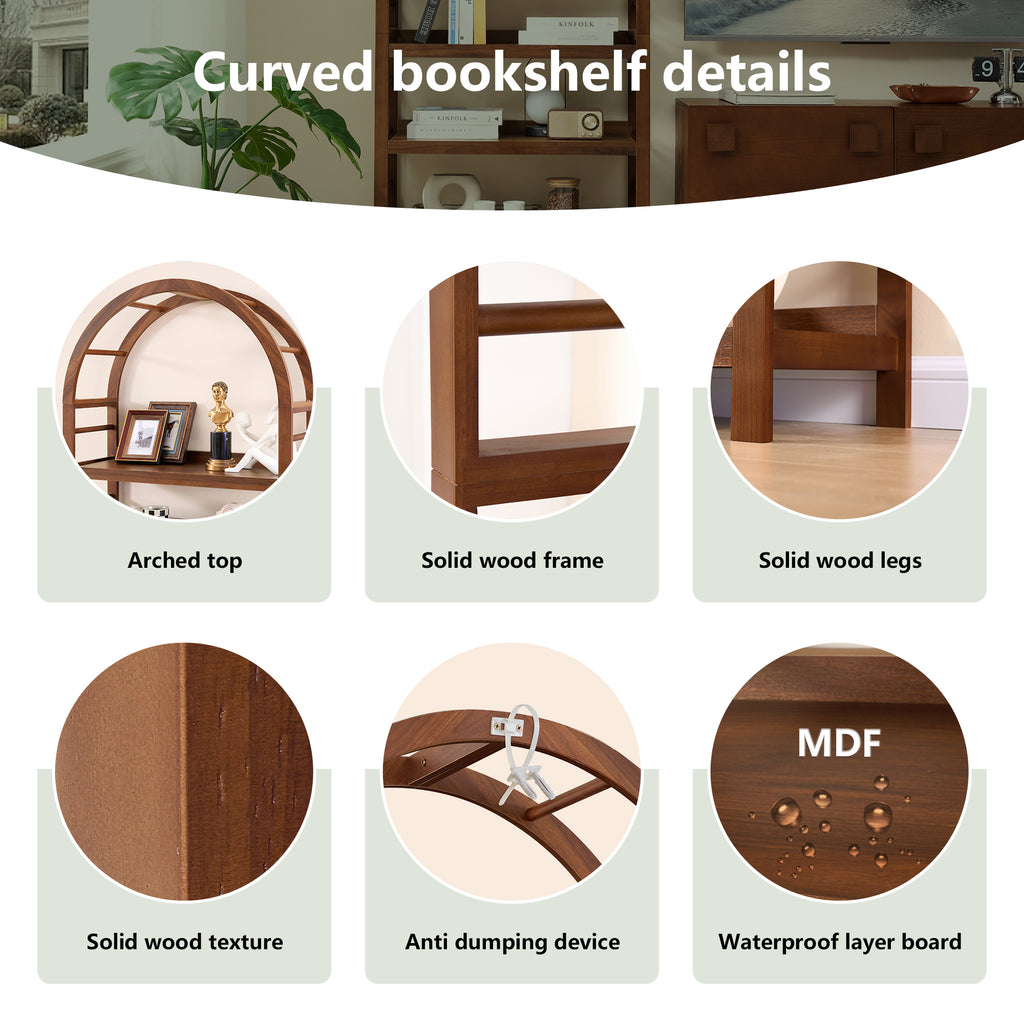 Weselon Tall Arched Bookshelf with 5-Tier Open Display Shelf , Mid Century Modern Fluted Bookshelf , Farmhouse Large Bookcase for Bedroom/Living Room(Oak)