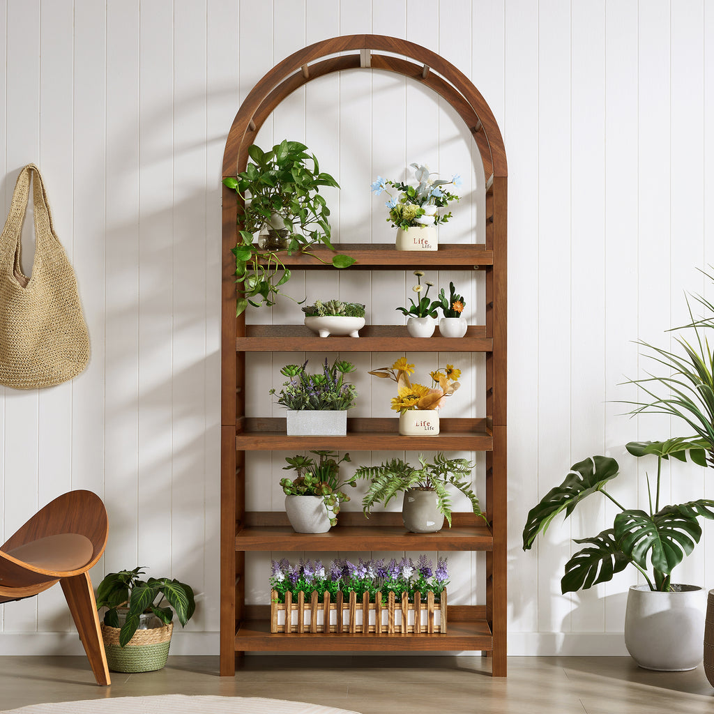 Weselon Tall Arched Bookshelf with 5-Tier Open Display Shelf , Mid Century Modern Fluted Bookshelf , Farmhouse Large Bookcase for Bedroom/Living Room(Oak)