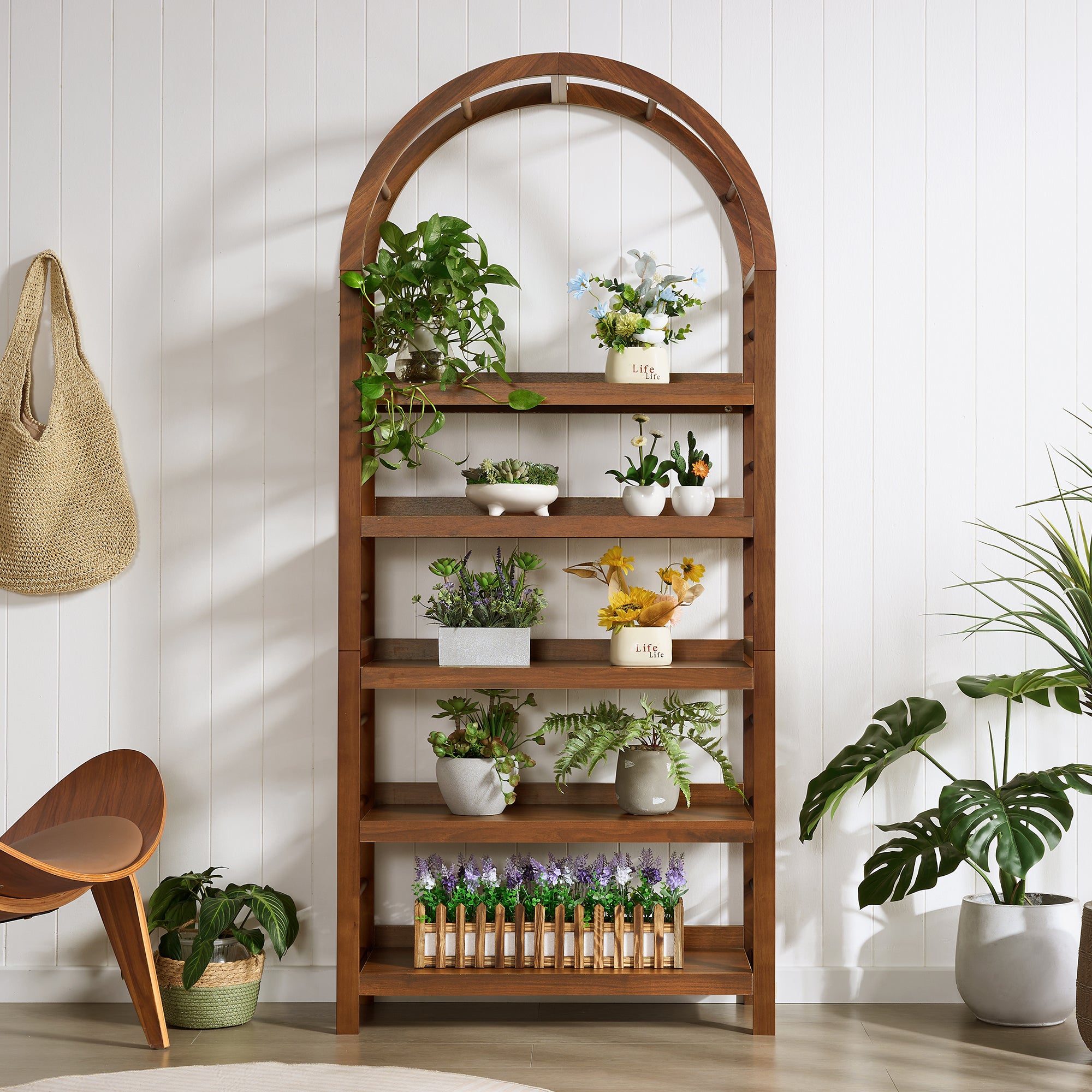 Weselon Tall Arched Bookshelf with 5-Tier Open Display Shelf , Mid Century Modern Fluted Bookshelf , Farmhouse Large Bookcase for Bedroom/Living Room(Oak)