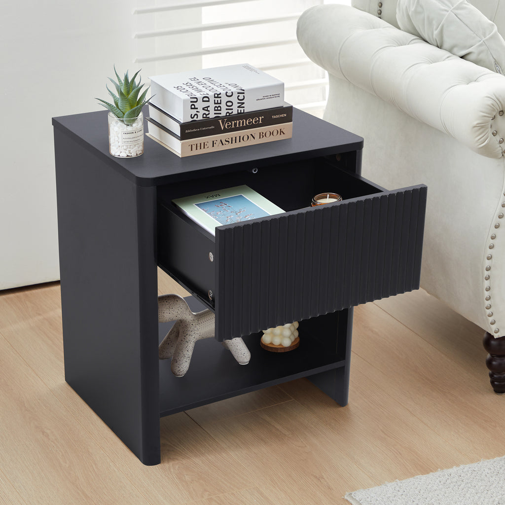 Weselon Modern Fluted Nightstand, Curved Side Bedside Table with Drawer and Open Shelf for Bedroom