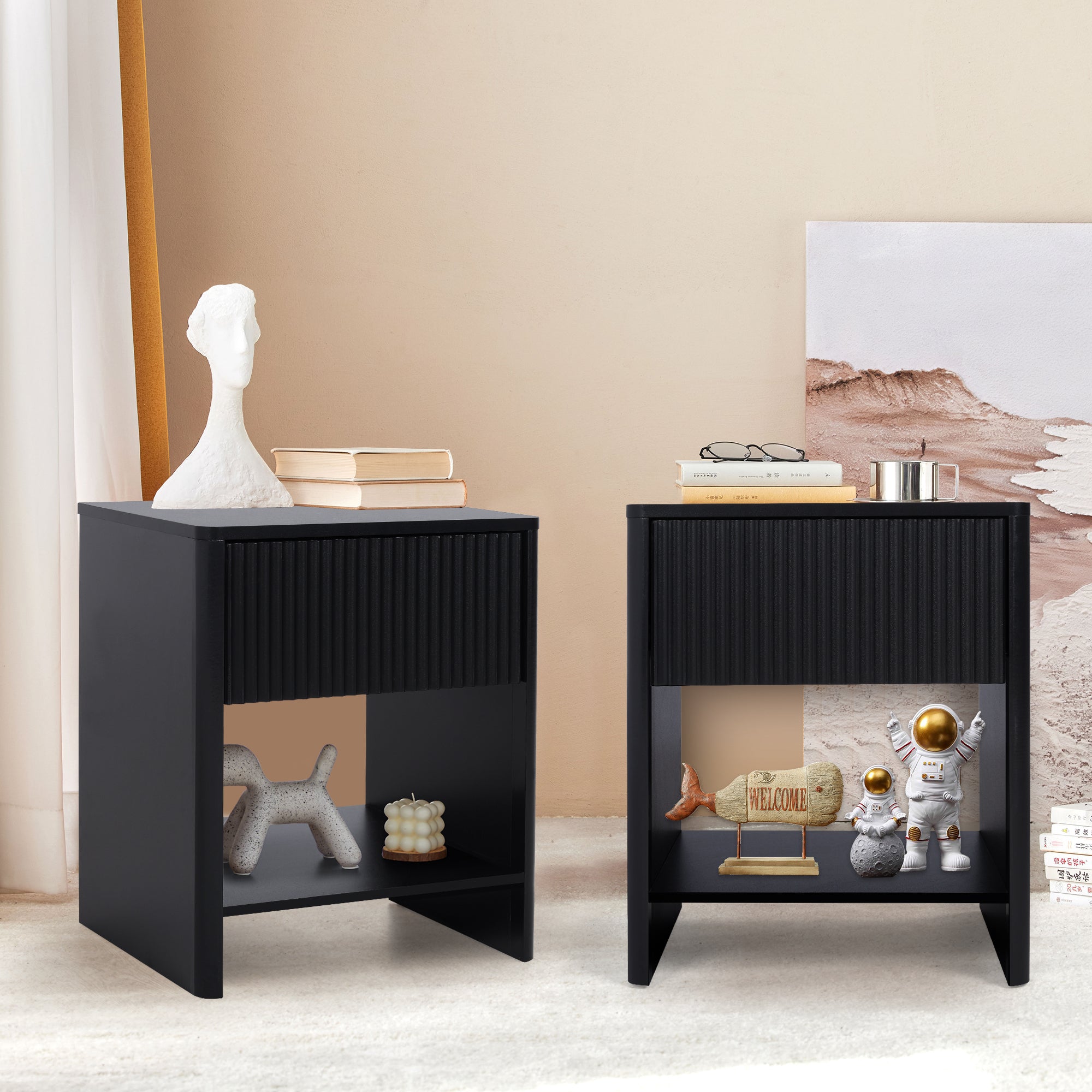 Weselon Modern Fluted Nightstand, Curved Side Bedside Table with Drawer and Open Shelf for Bedroom