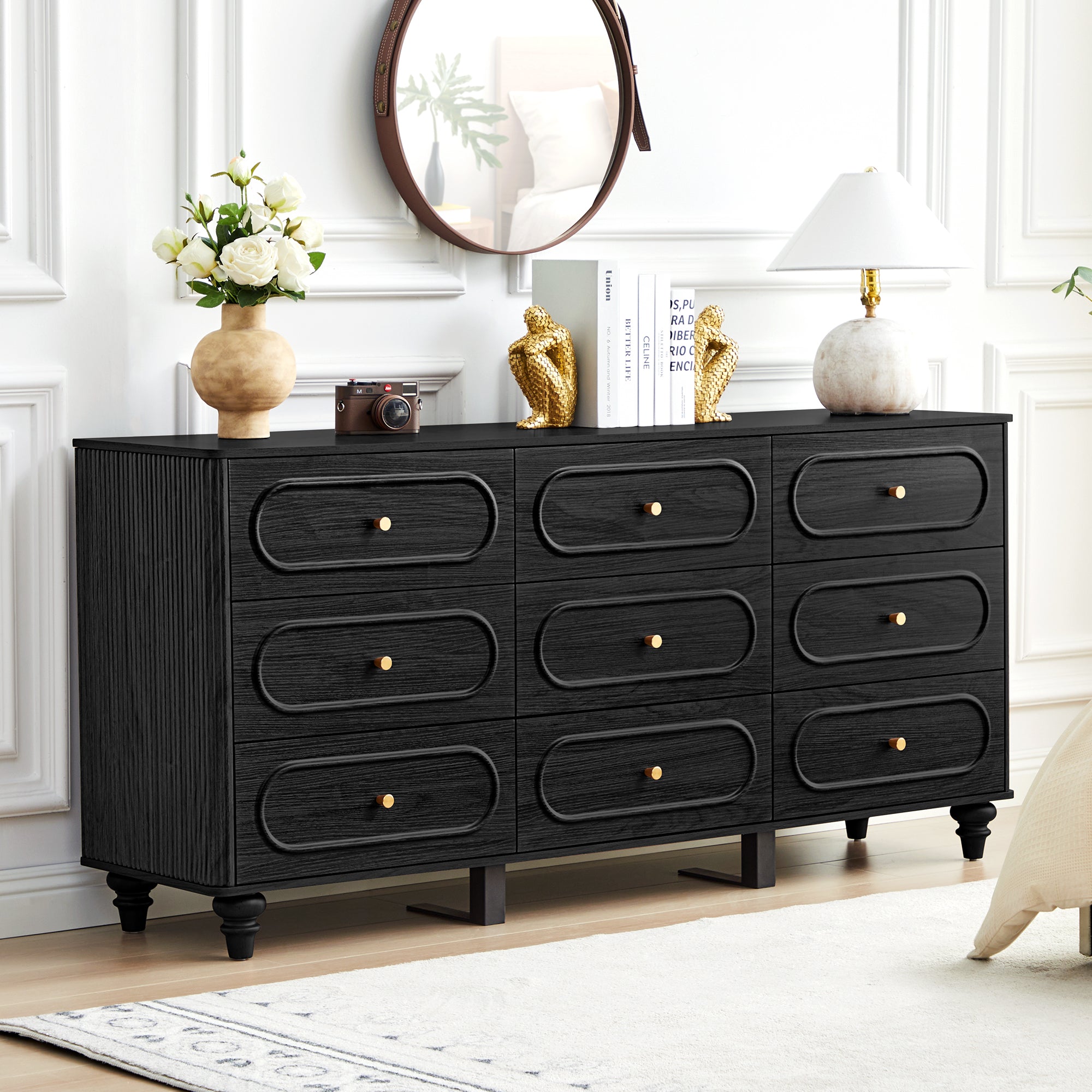 Weselon 9 Drawer Fluted Dresser for Bedroom, Mid Century Chest of Drawers with Arc Edge, Wood Storage Large Dresser Organizer for Bedroom Living Room Hallway Closet