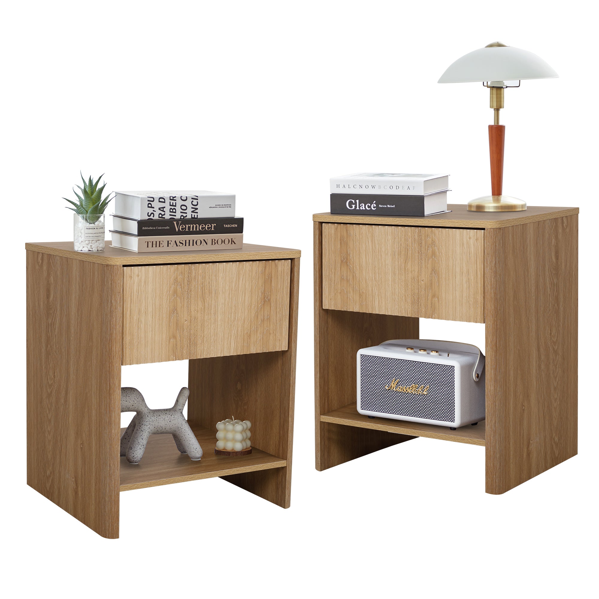 Weselon Modern Fluted Nightstand, Curved Side Bedside Table with Drawer and Open Shelf for Bedroom
