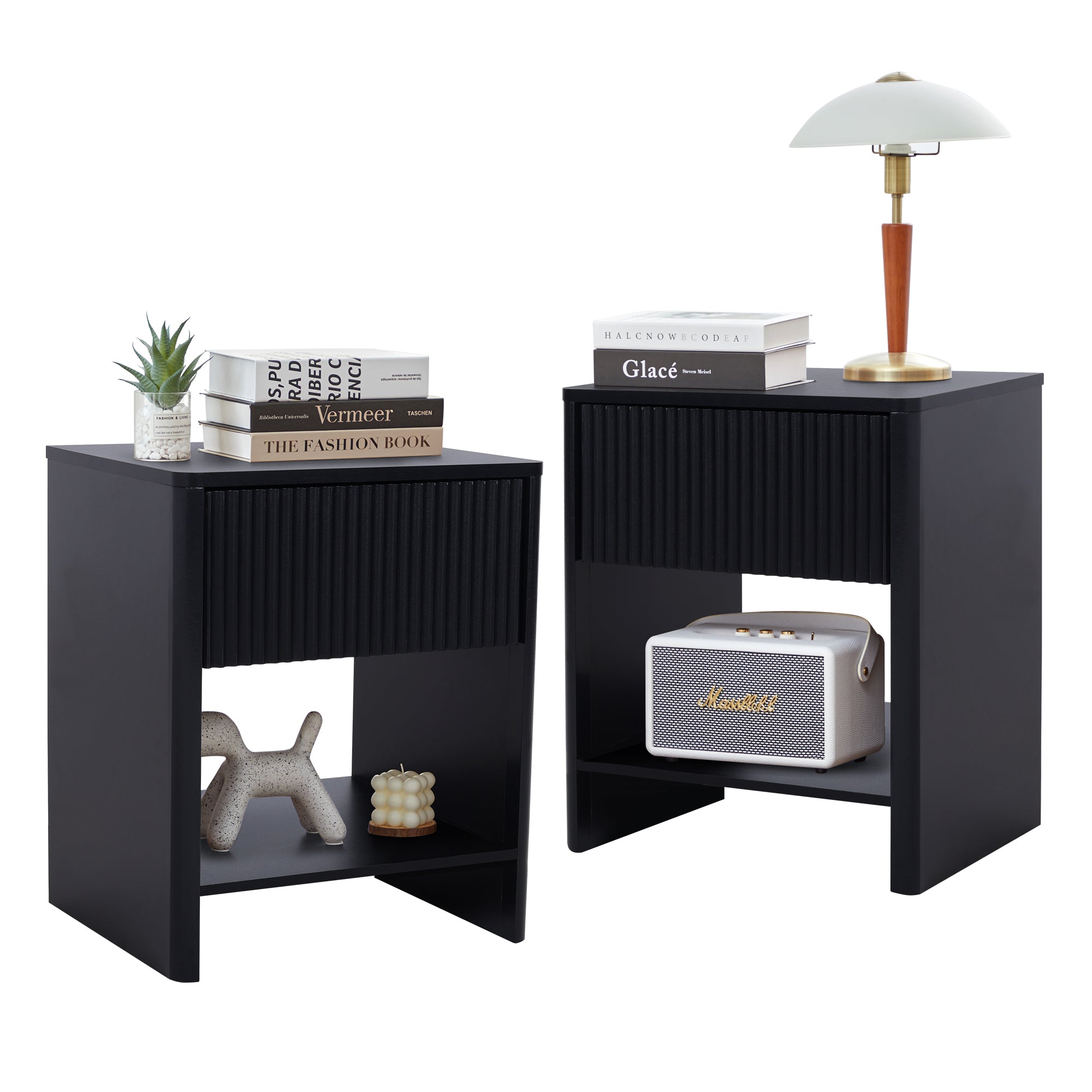 Weselon Modern Fluted Nightstand, Curved Side Bedside Table with Drawer and Open Shelf for Bedroom