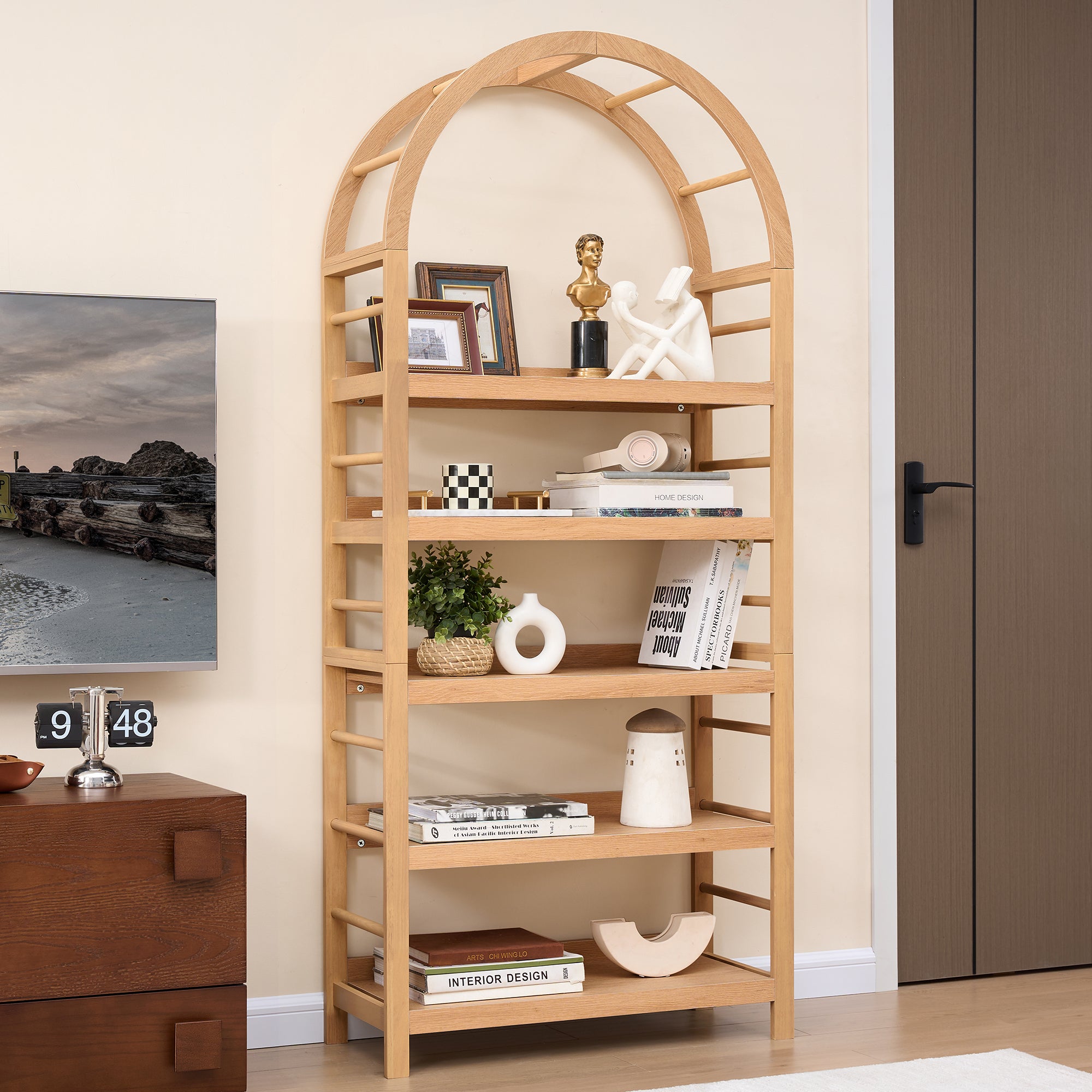 Weselon Tall Arched Bookshelf with 5-Tier Open Display Shelf , Mid Century Modern Fluted Bookshelf , Farmhouse Large Bookcase for Bedroom/Living Room(Oak)