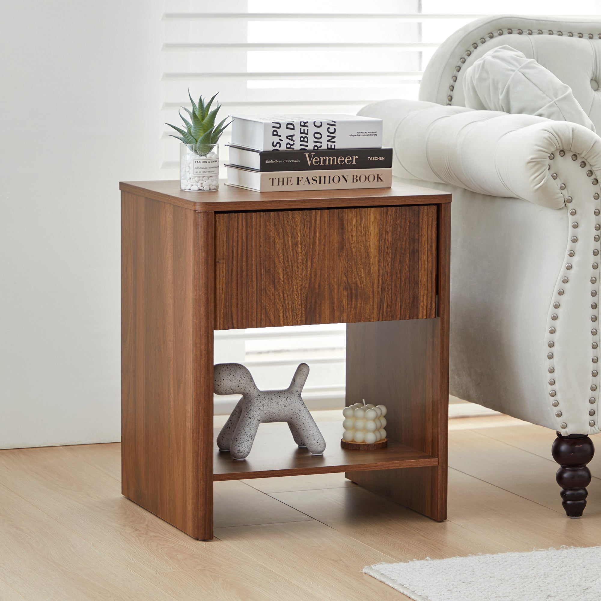 Weselon Modern Fluted Nightstand, Curved Side Bedside Table with Drawer and Open Shelf for Bedroom