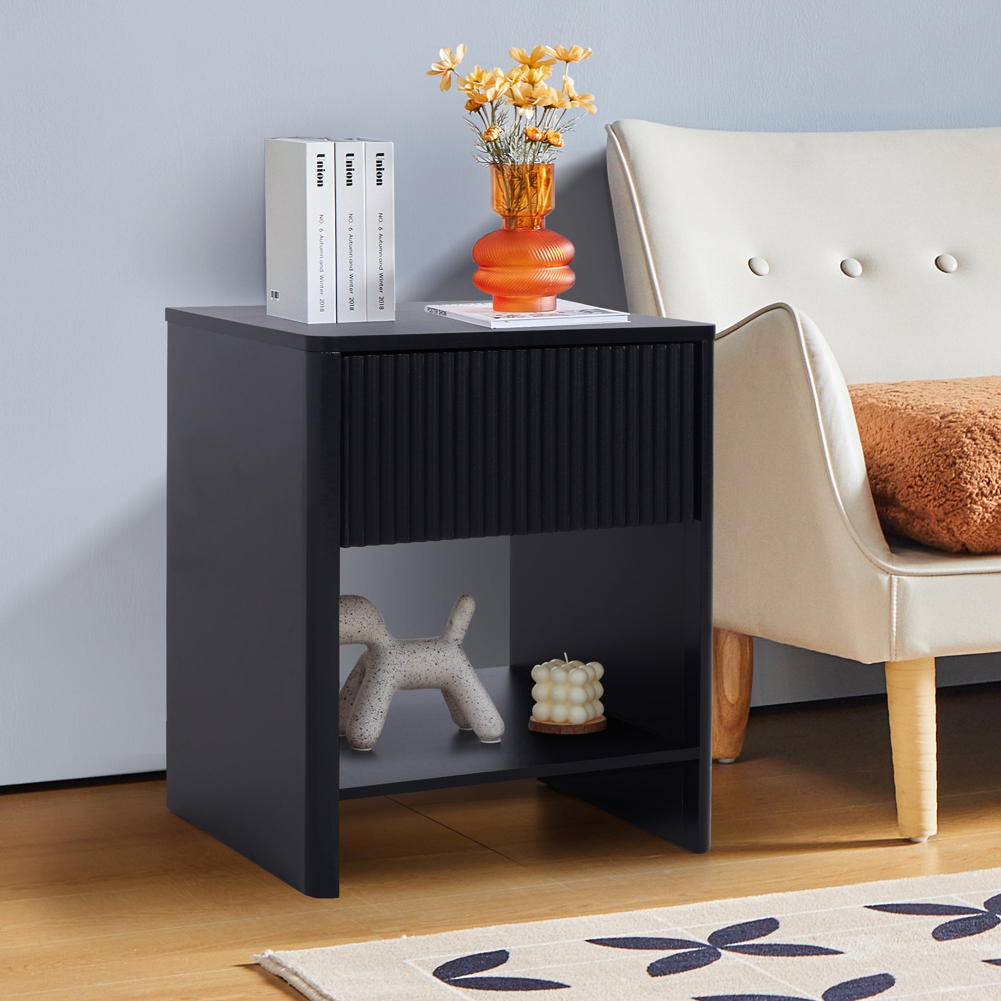 Weselon Modern Fluted Nightstand, Curved Side Bedside Table with Drawer and Open Shelf for Bedroom