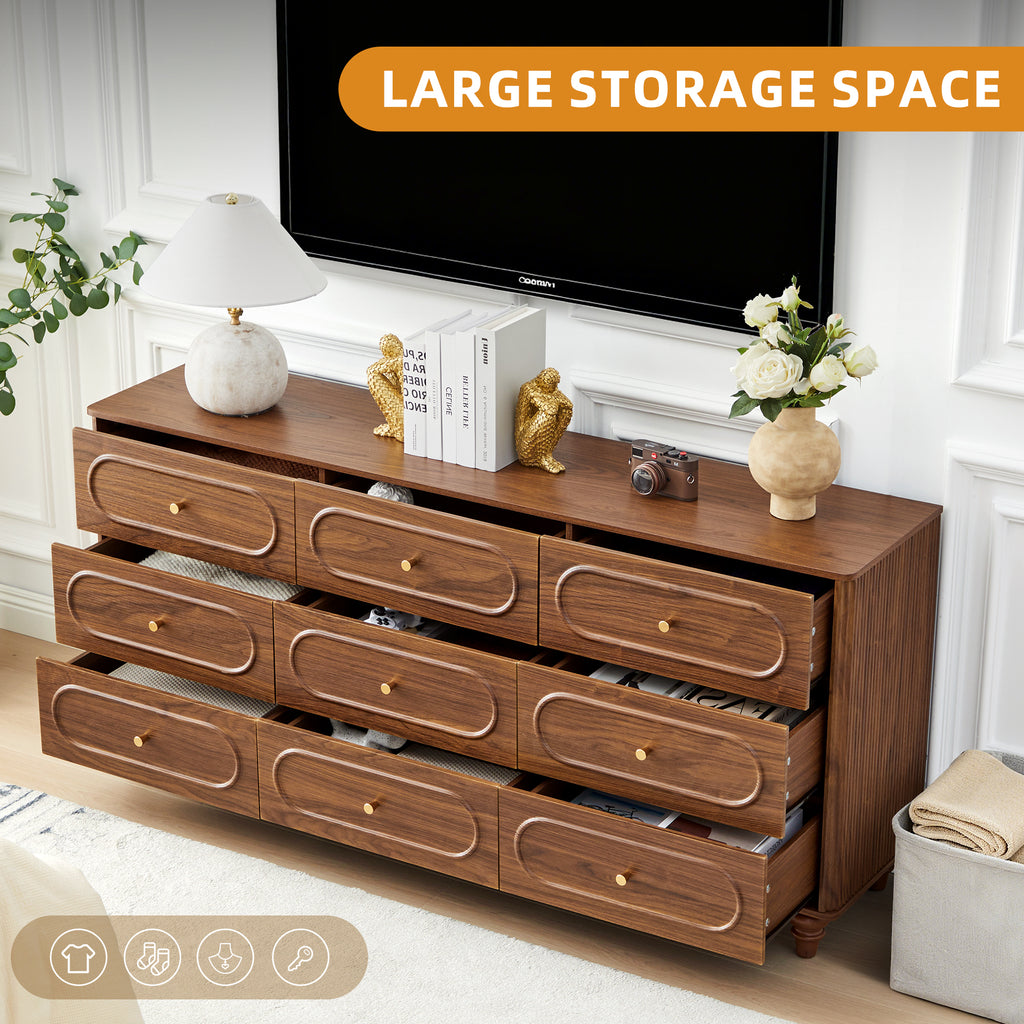Weselon 9 Drawer Fluted Dresser for Bedroom, Mid Century Chest of Drawers with Arc Edge, Wood Storage Large Dresser Organizer for Bedroom Living Room Hallway Closet