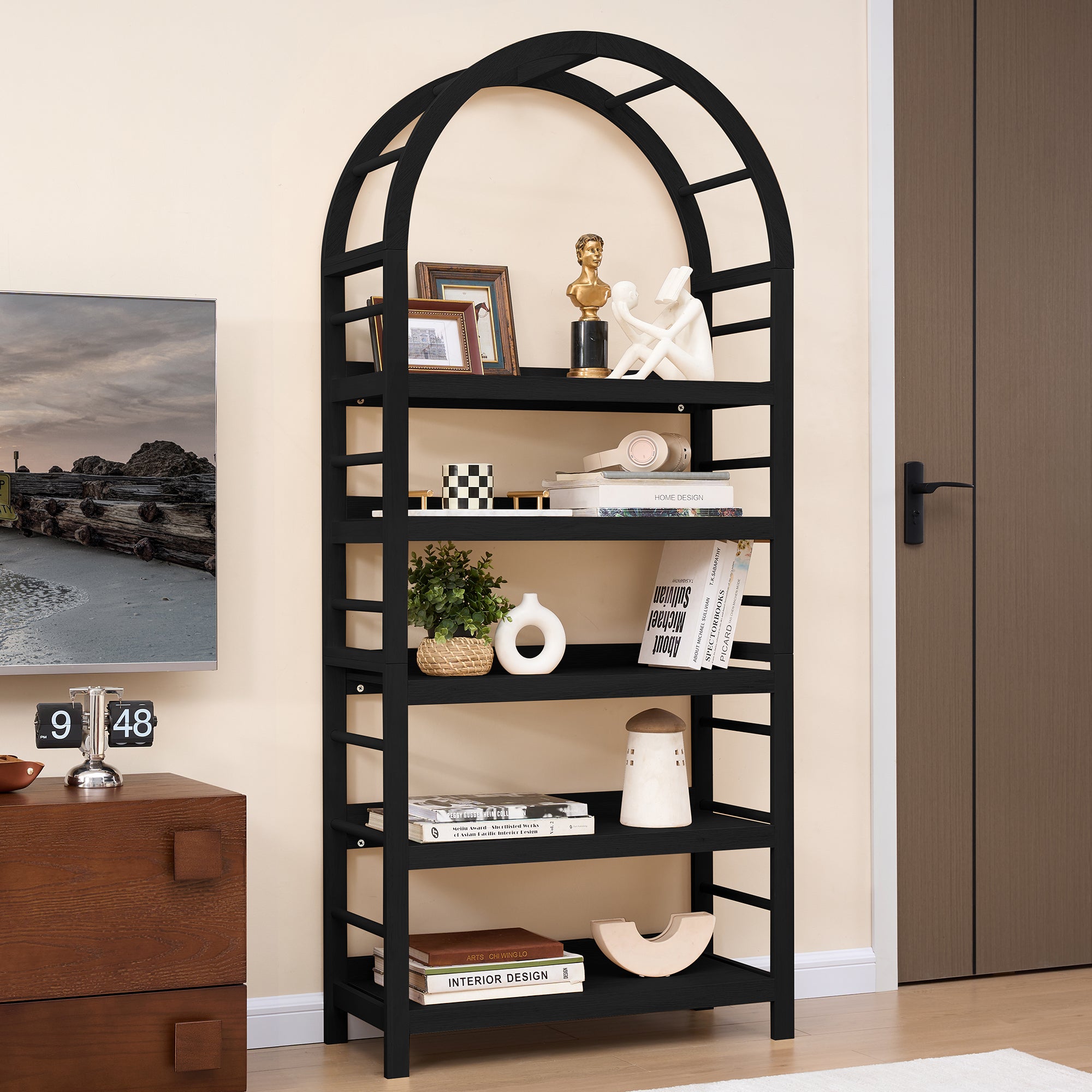 Weselon Tall Arched Bookshelf with 5-Tier Open Display Shelf , Mid Century Modern Fluted Bookshelf , Farmhouse Large Bookcase for Bedroom/Living Room(Oak)