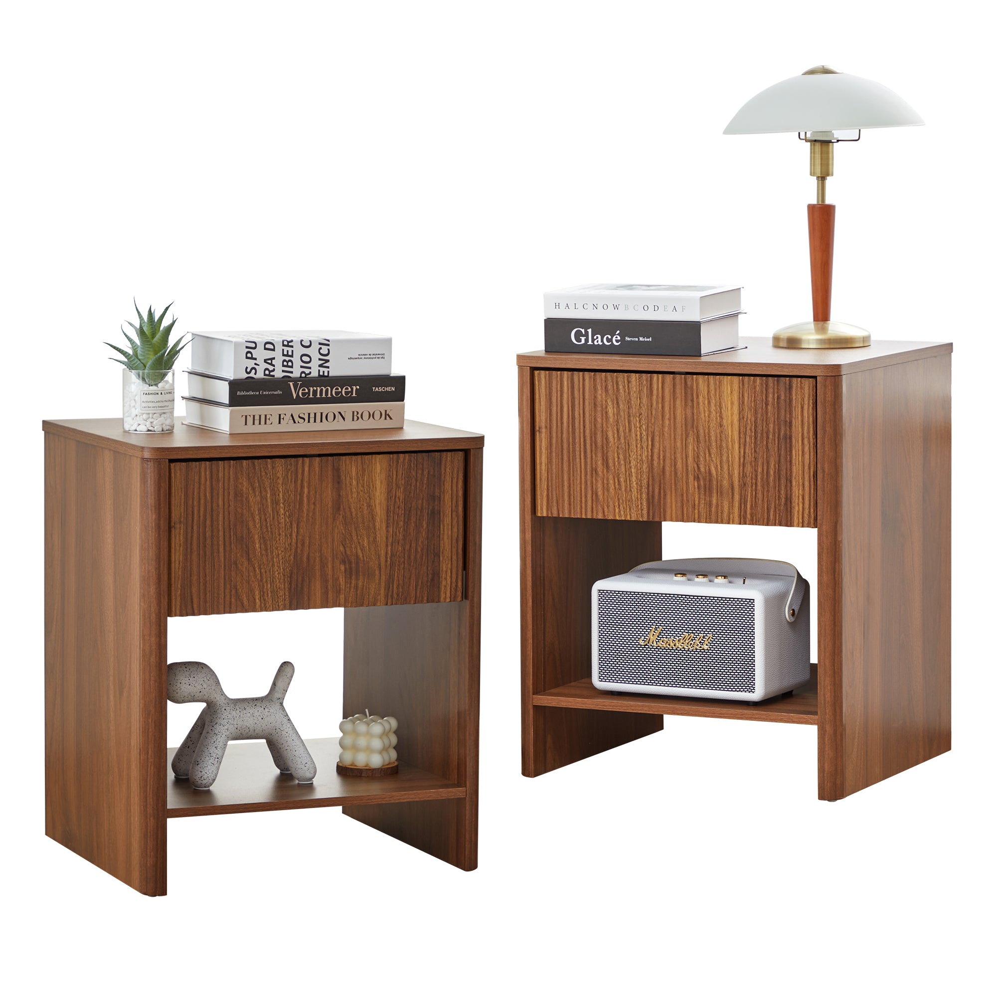 Weselon Modern Fluted Nightstand, Curved Side Bedside Table with Drawer and Open Shelf for Bedroom