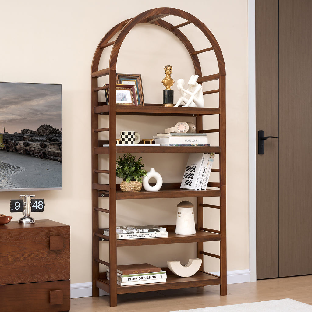 Weselon Tall Arched Bookshelf with 5-Tier Open Display Shelf , Mid Century Modern Fluted Bookshelf , Farmhouse Large Bookcase for Bedroom/Living Room(Oak)