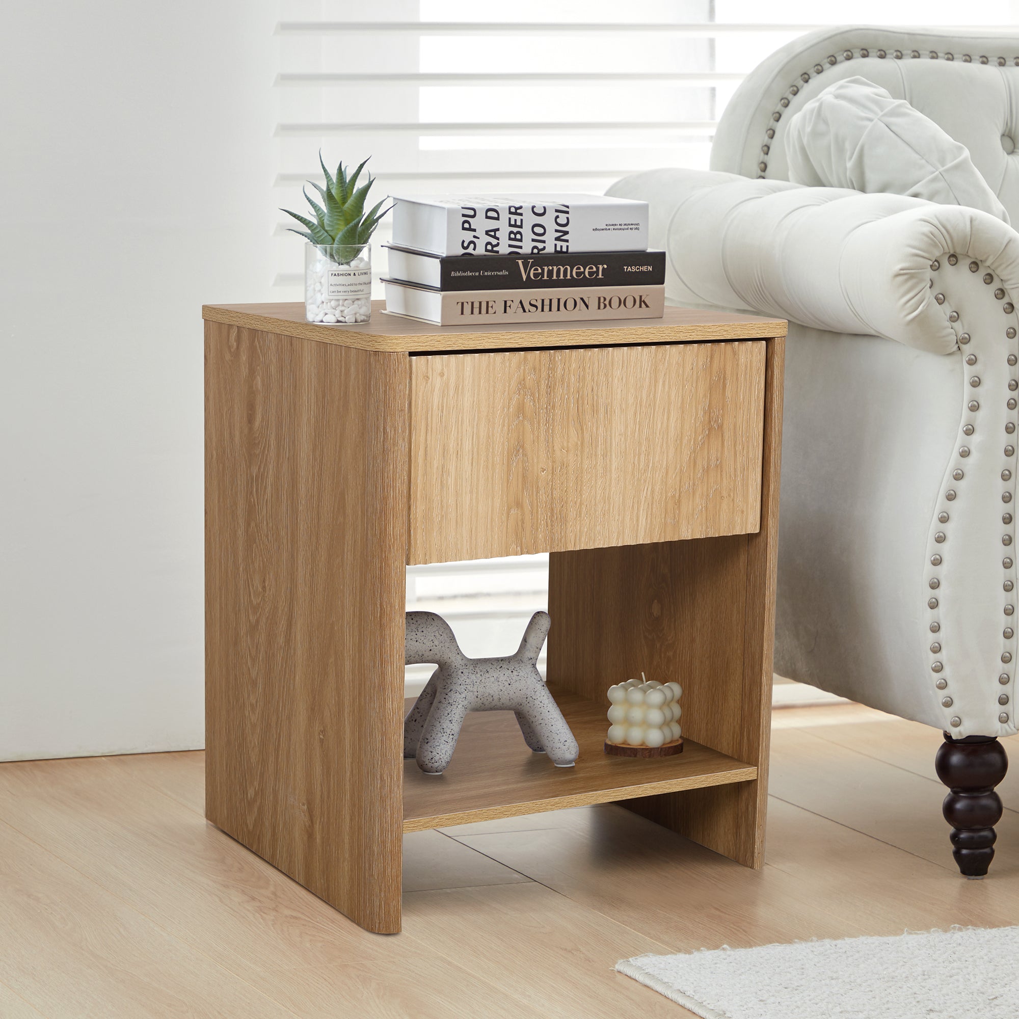 Weselon Modern Fluted Nightstand, Curved Side Bedside Table with Drawer and Open Shelf for Bedroom