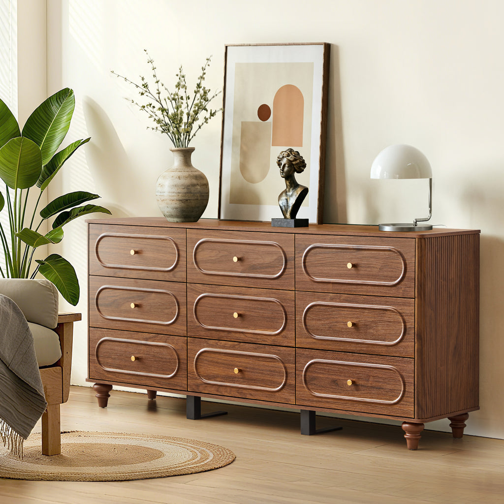 Weselon 9 Drawer Fluted Dresser for Bedroom, Mid Century Chest of Drawers with Arc Edge, Wood Storage Large Dresser Organizer for Bedroom Living Room Hallway Closet