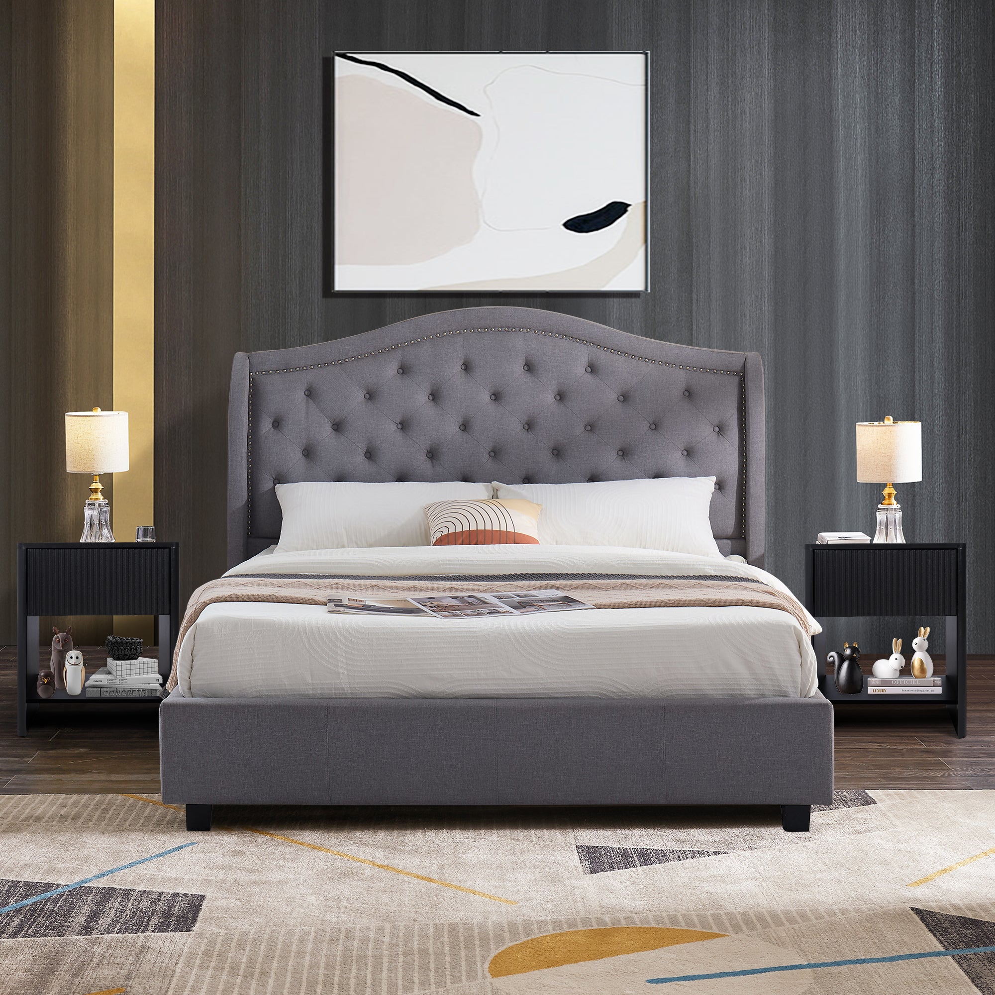 Weselon Modern Fluted Nightstand, Curved Side Bedside Table with Drawer and Open Shelf for Bedroom