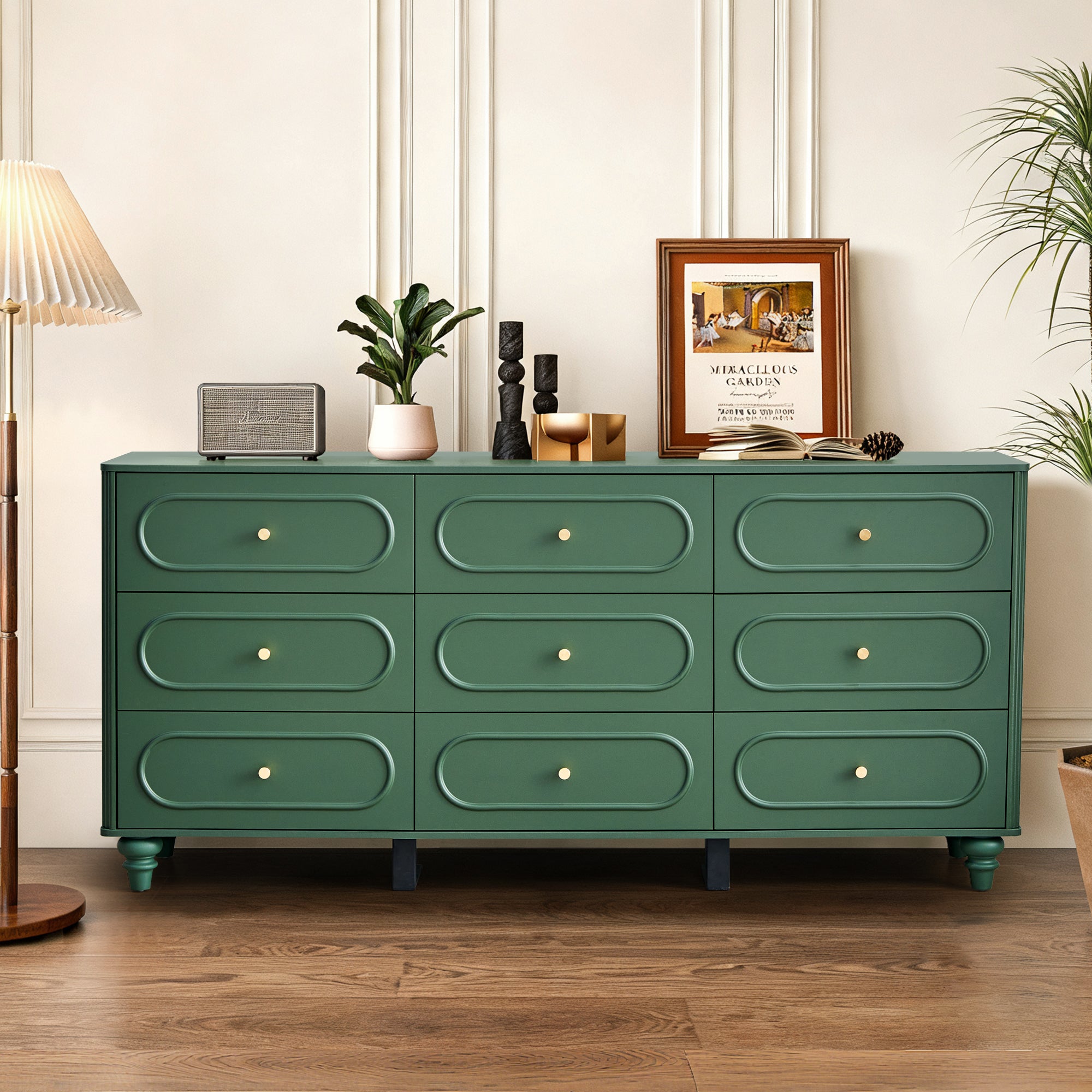 Weselon 9 Drawer Fluted Dresser for Bedroom, Mid Century Chest of Drawers with Arc Edge, Wood Storage Large Dresser Organizer for Bedroom Living Room Hallway Closet