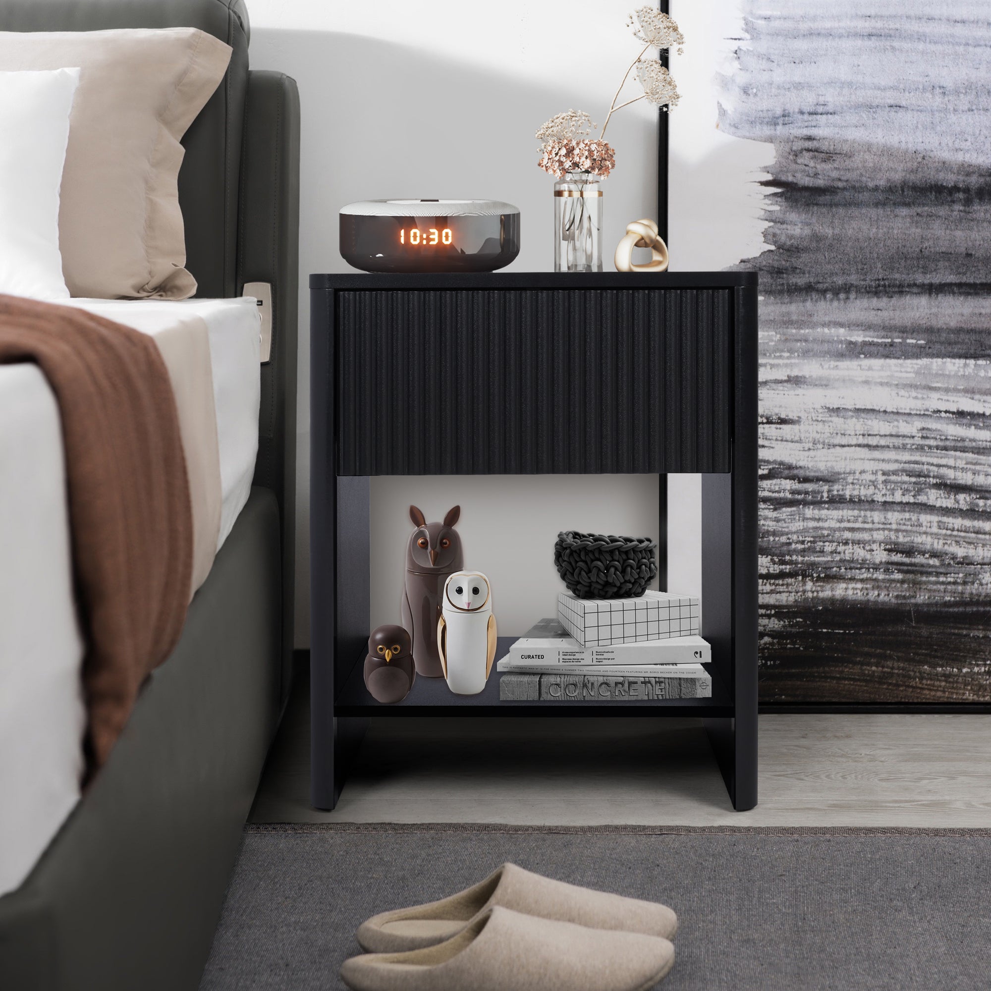 Weselon Modern Fluted Nightstand, Curved Side Bedside Table with Drawer and Open Shelf for Bedroom