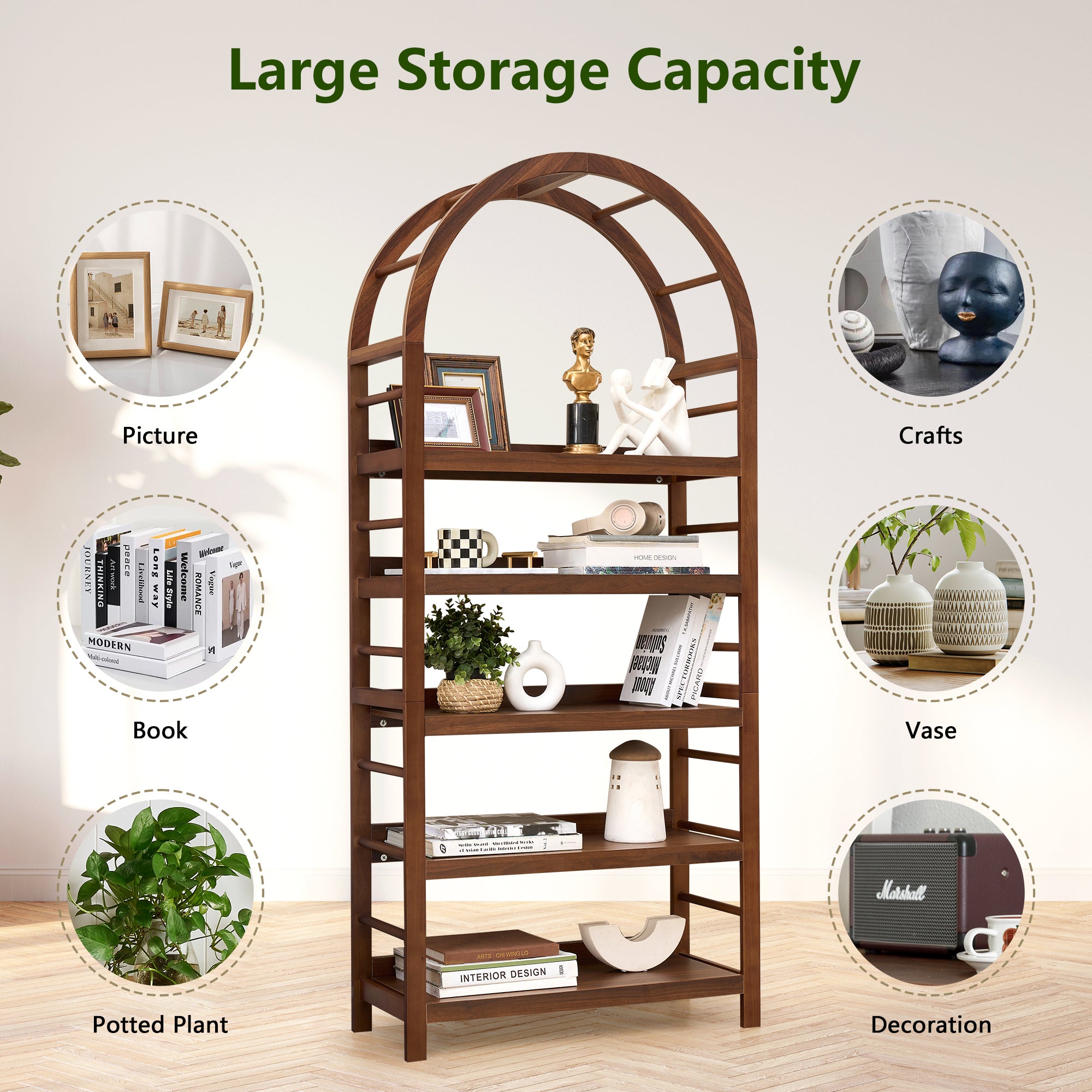 Weselon Tall Arched Bookshelf with 5-Tier Open Display Shelf , Mid Century Modern Fluted Bookshelf , Farmhouse Large Bookcase for Bedroom/Living Room(Oak)